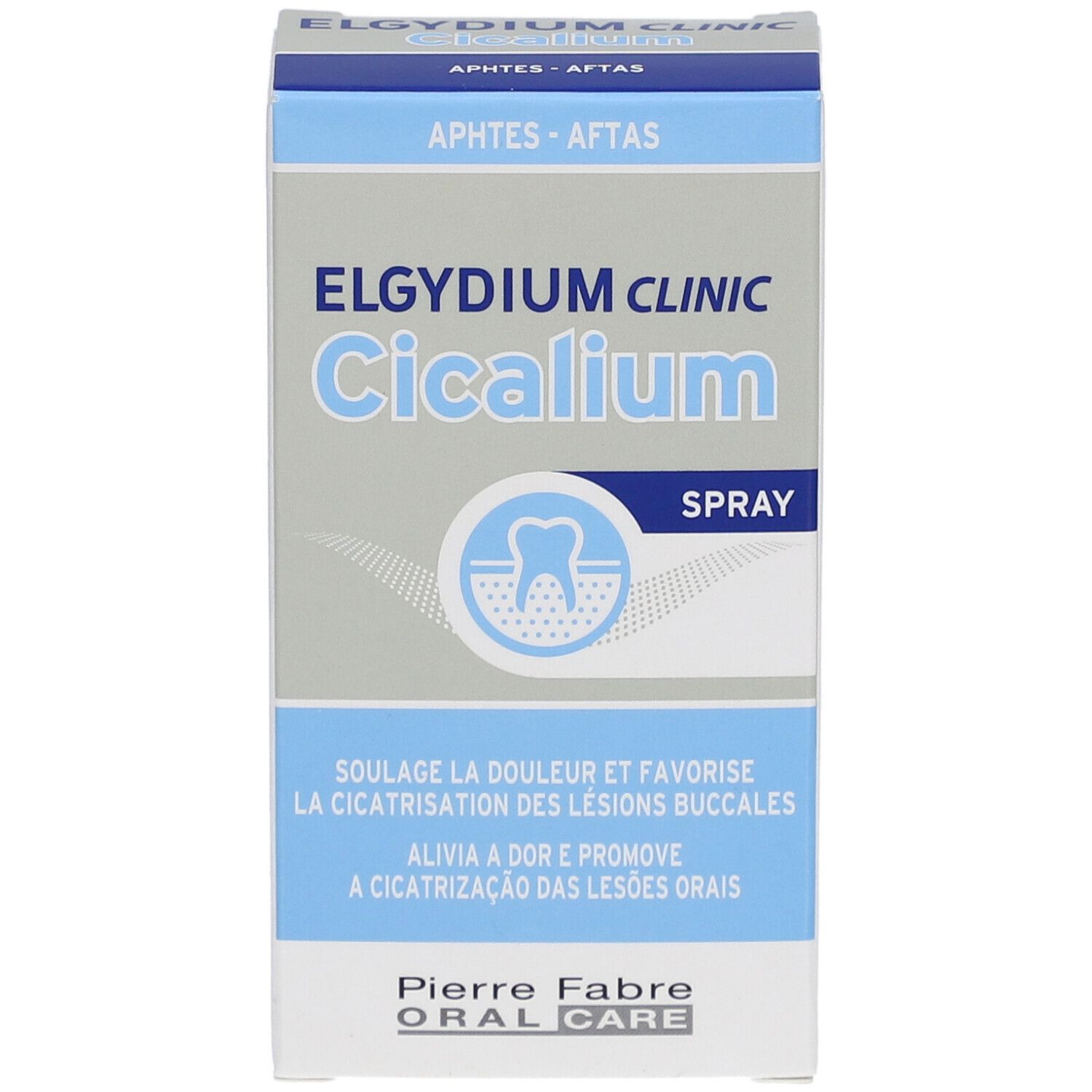 Vue de face de la boîte Elgydium Clinic Cicalium Spray. Affiche le nom du produit, le logo et le texte.