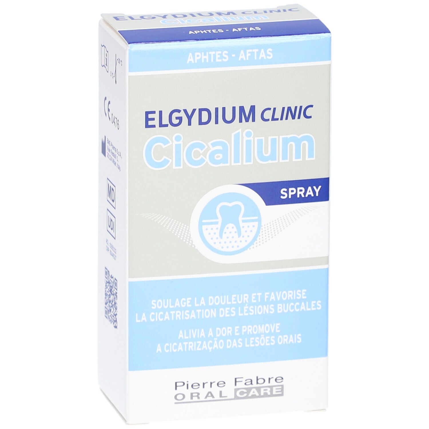 Boîte Elgydium Clinic Cicalium Spray. Emballage bleu et blanc avec logo et texte du produit.