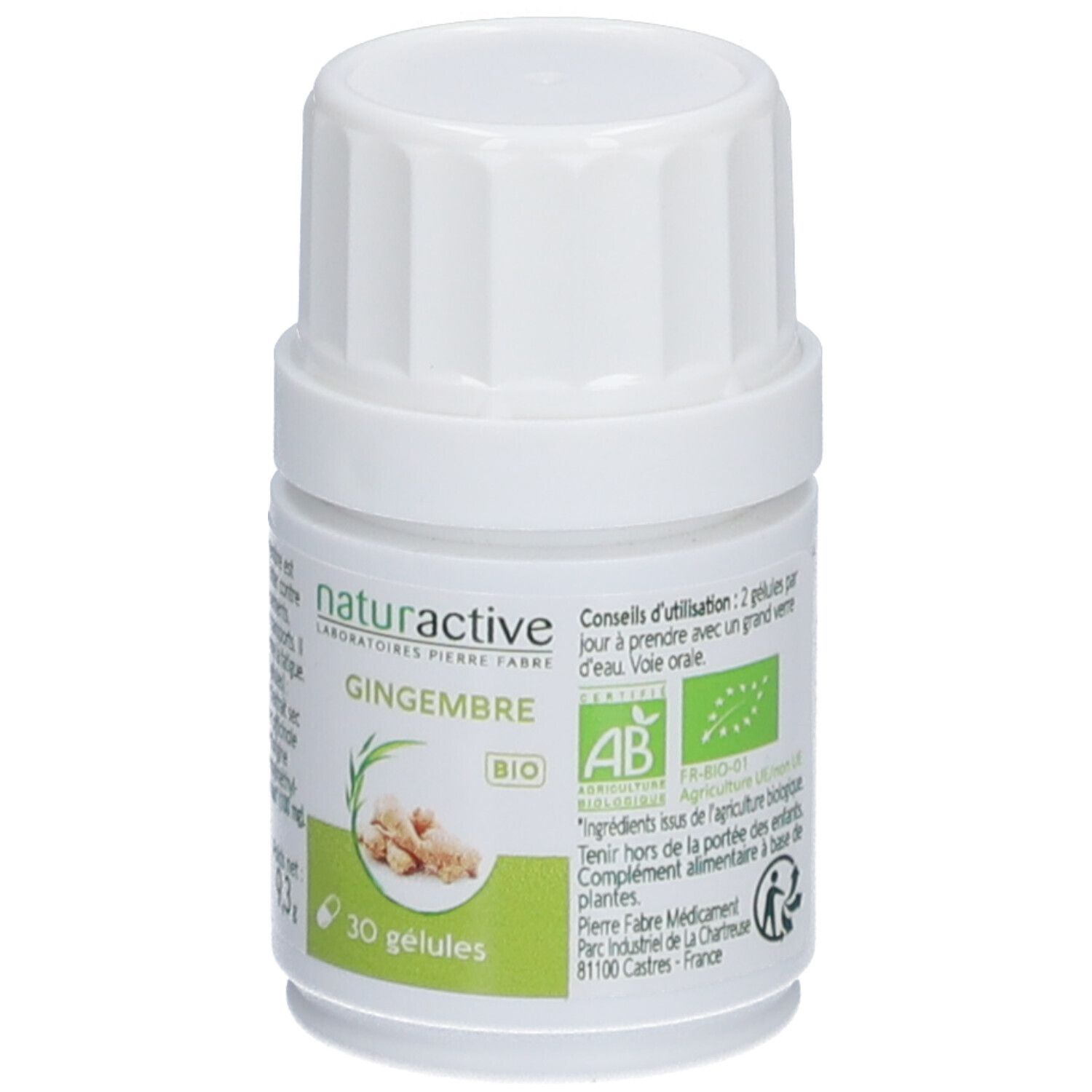 Flacon blanc de gélules. Inscription: Naturactive Gingembre Bio. 30 gélules. Label bio.