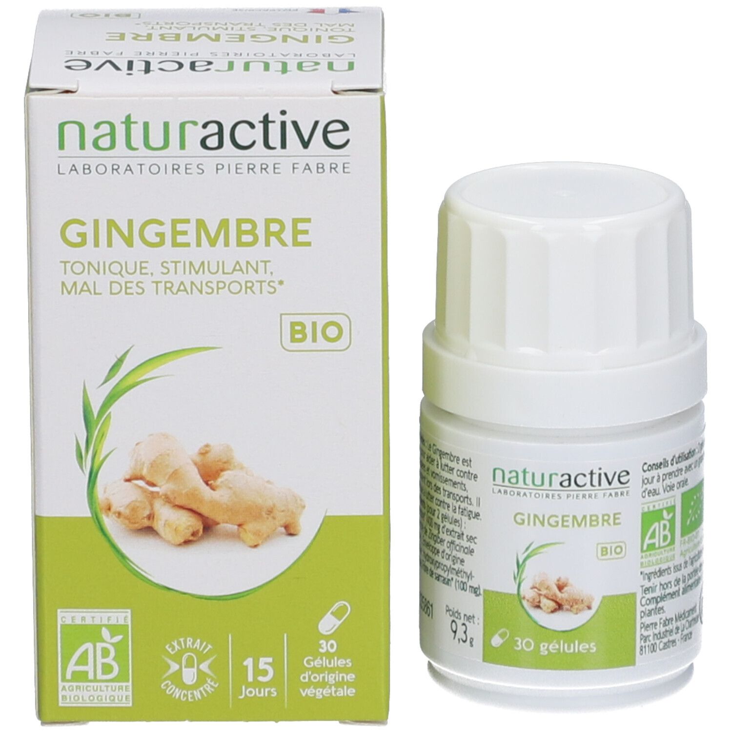 Emballage et flacon de gélules. Inscription: Naturactive Gingembre Bio. 30 gélules. Label bio.