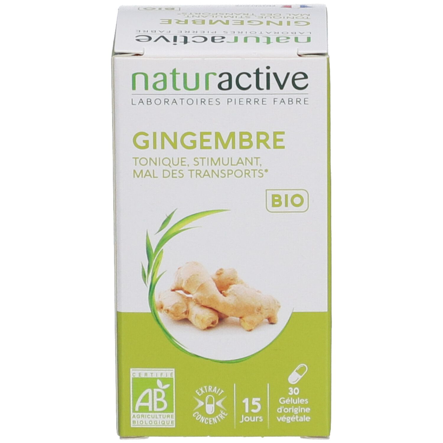 Emballage du produit. Inscription: Naturactive Gingembre Bio. 30 gélules. Label bio.