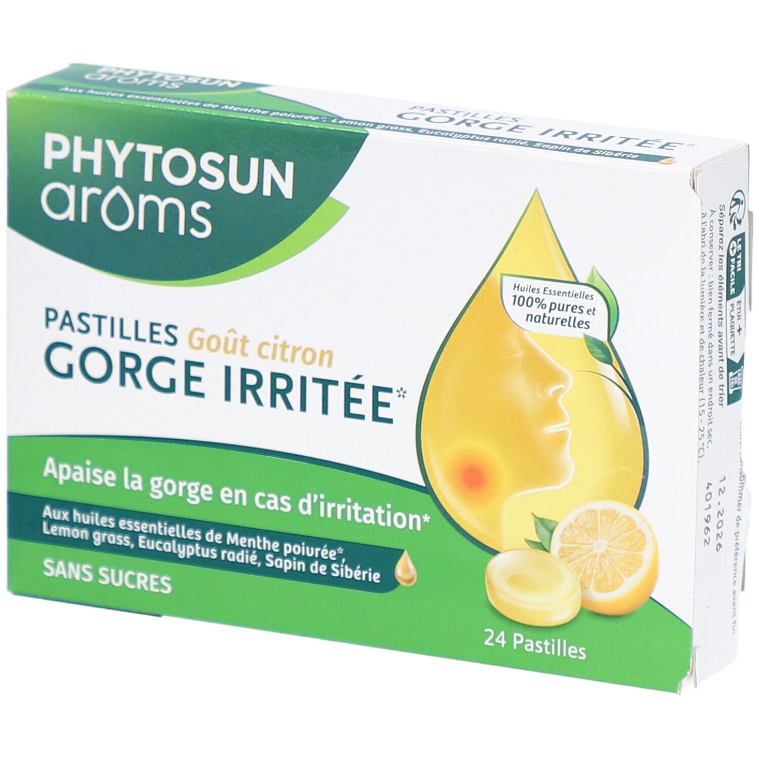 Boîte de pastilles. Inscription: GORGE IRRITEE, goût citron. 24 pastilles, sans sucres. Logo gouttes.