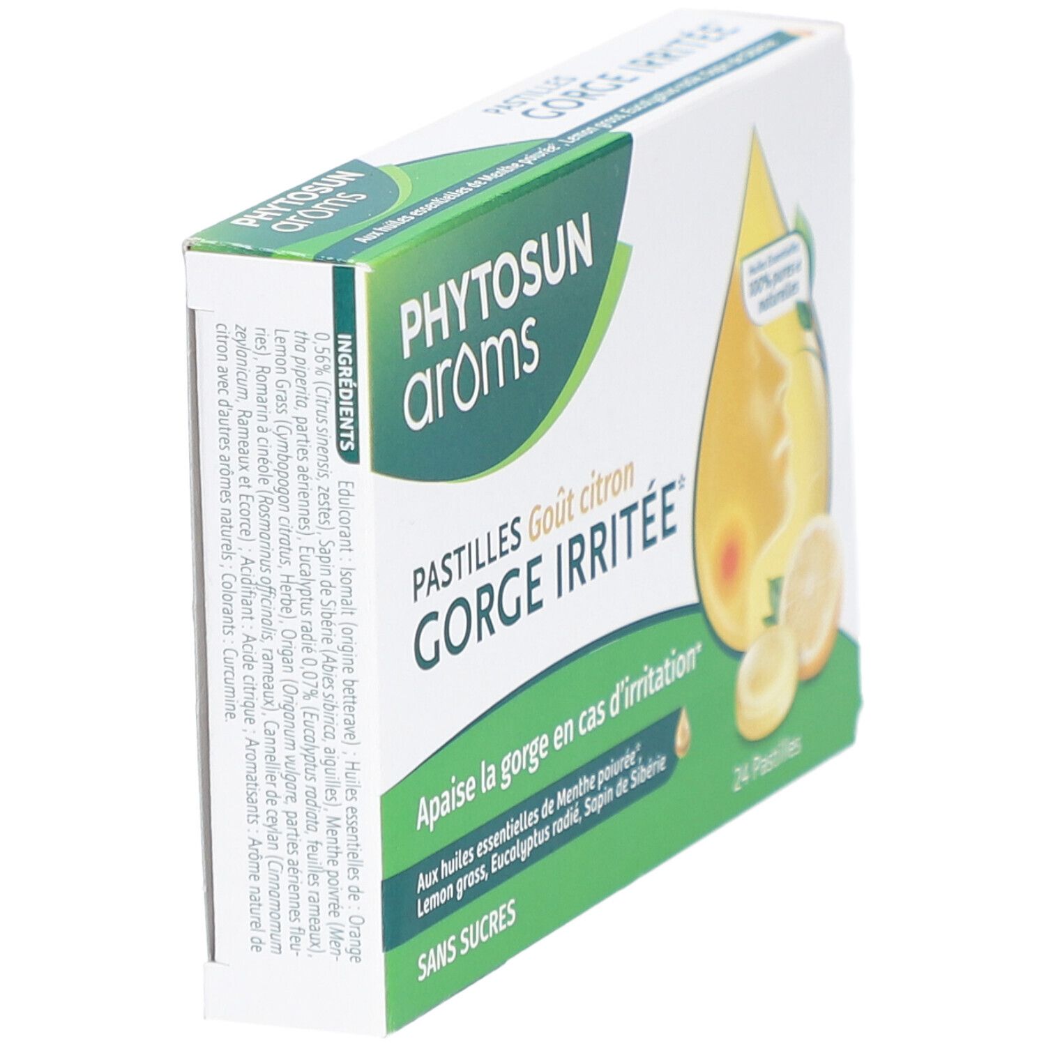 Boîte de pastilles. Inscription: GORGE IRRITEE, goût citron. 24 pastilles, sans sucres. Vue latérale.