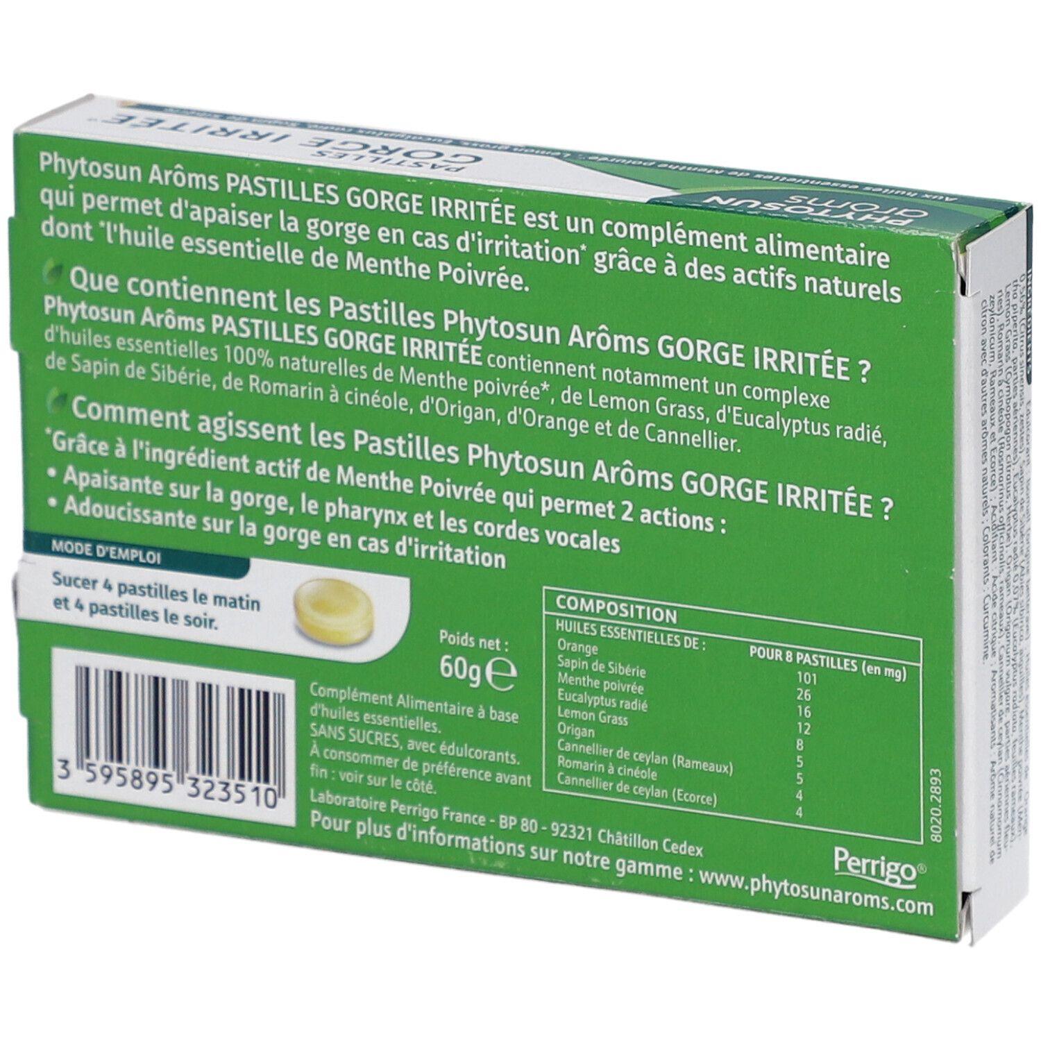 Dos de la boîte de pastilles. Texte sur ingrédients et utilisation. Poids: 60g. Informations fabricant.