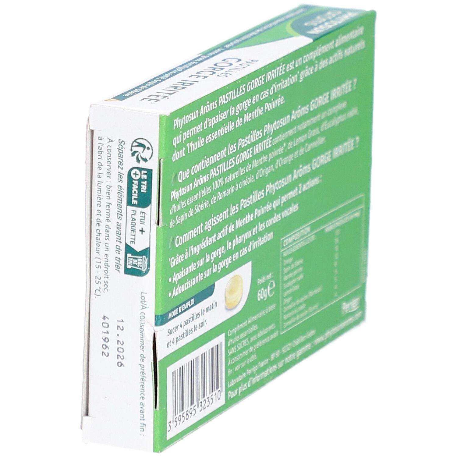 Dos de la boîte de pastilles. Texte sur ingrédients et utilisation. Poids: 60g. Vue latérale.