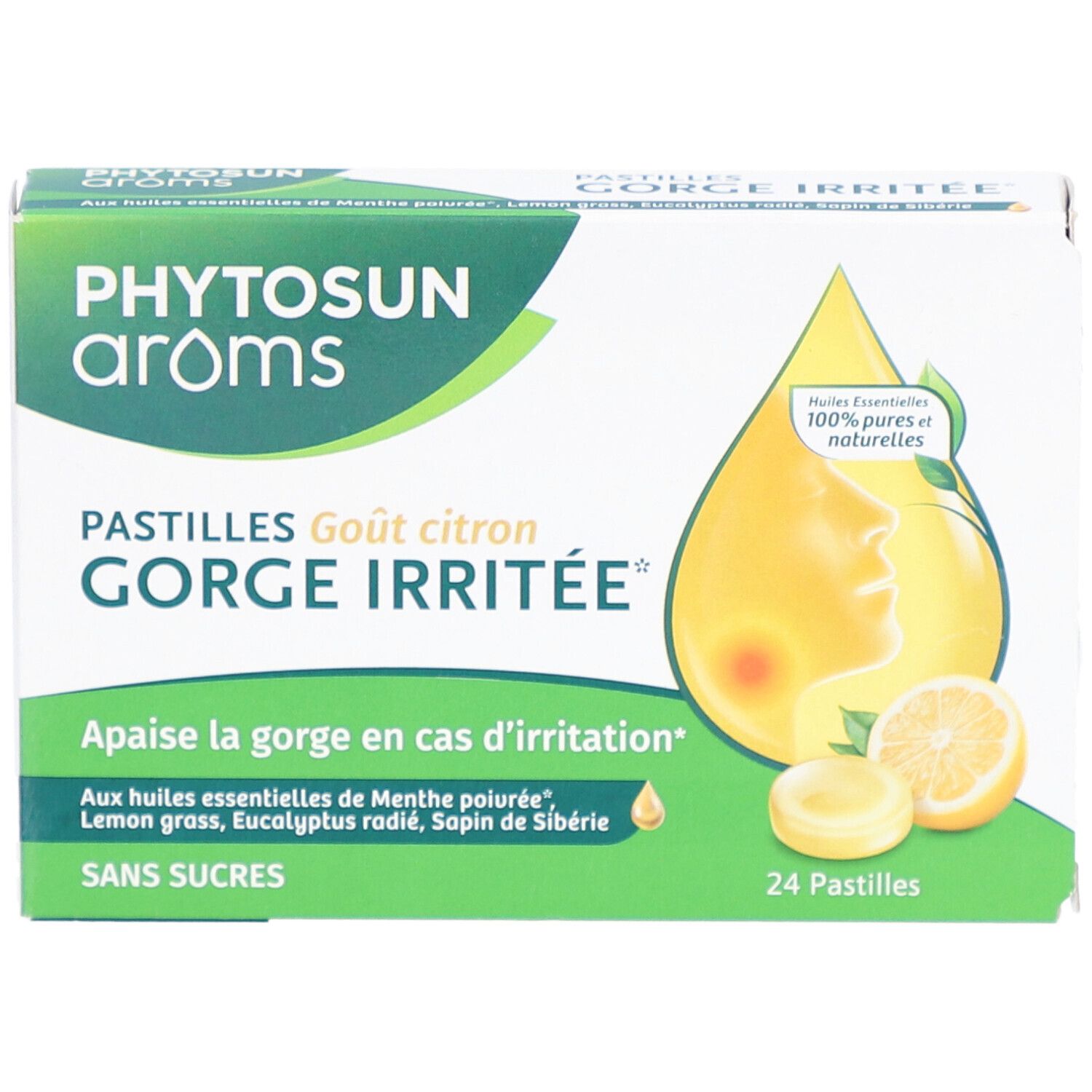 Boîte de pastilles. Inscription: GORGE IRRITEE, goût citron. 24 pastilles, sans sucres. Vue de dessus.