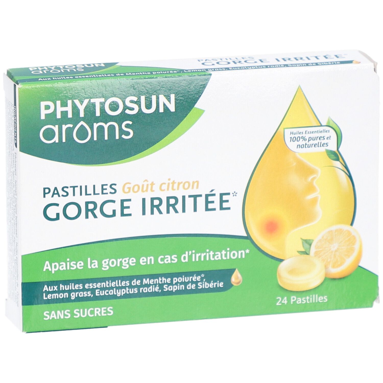Boîte de pastilles. Inscription: GORGE IRRITEE, goût citron. 24 pastilles, sans sucres. Vue de dessus.