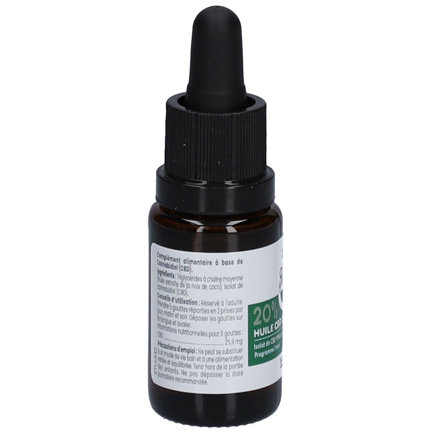 Dos d'un flacon en verre brun avec bouchon noir. Étiquette avec texte et informations. CBD by Boiron, 20% Huile CBD 20%.
