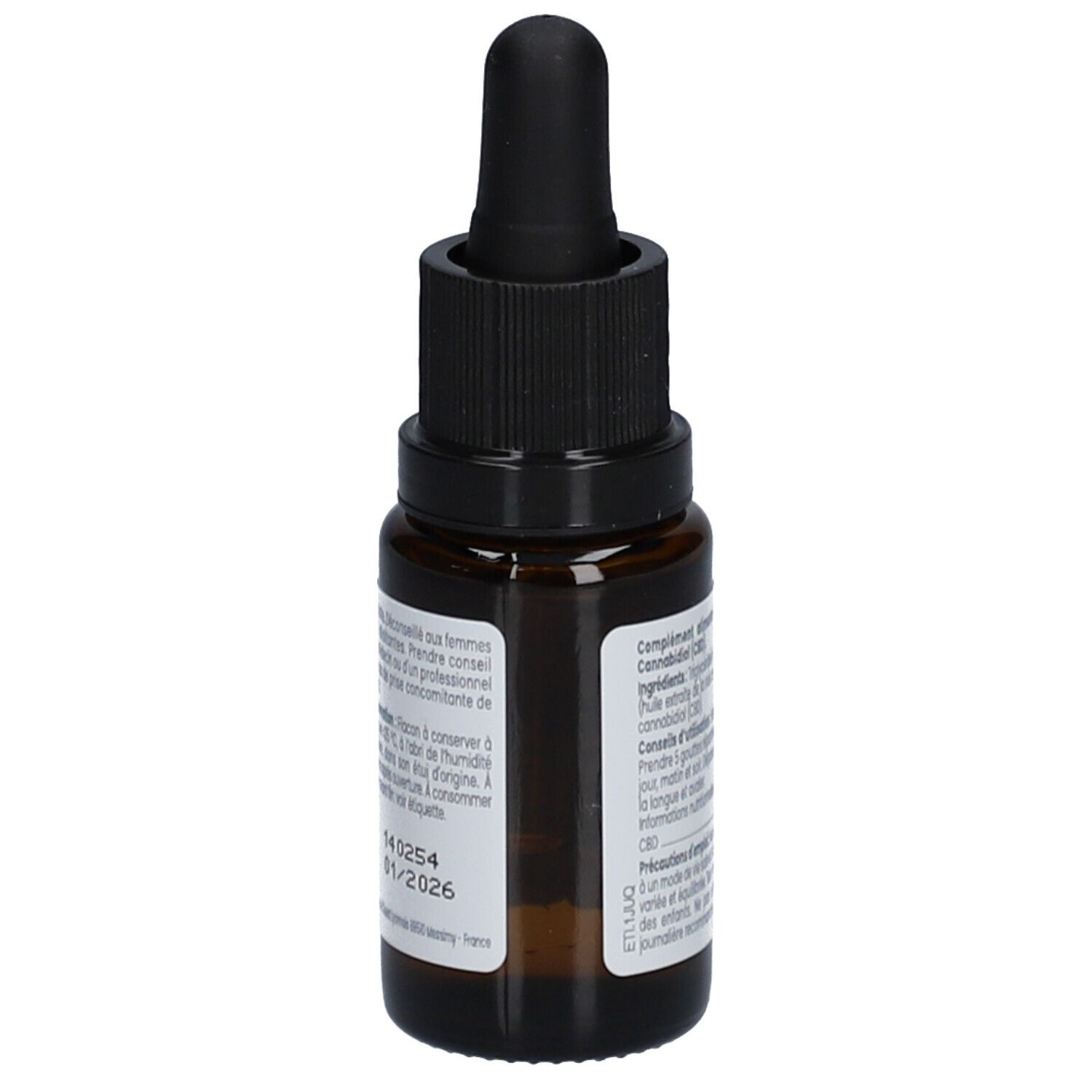 Flacon en verre brun avec bouchon noir. Étiquette avec texte et informations. CBD by Boiron, 20% Huile CBD 20%.