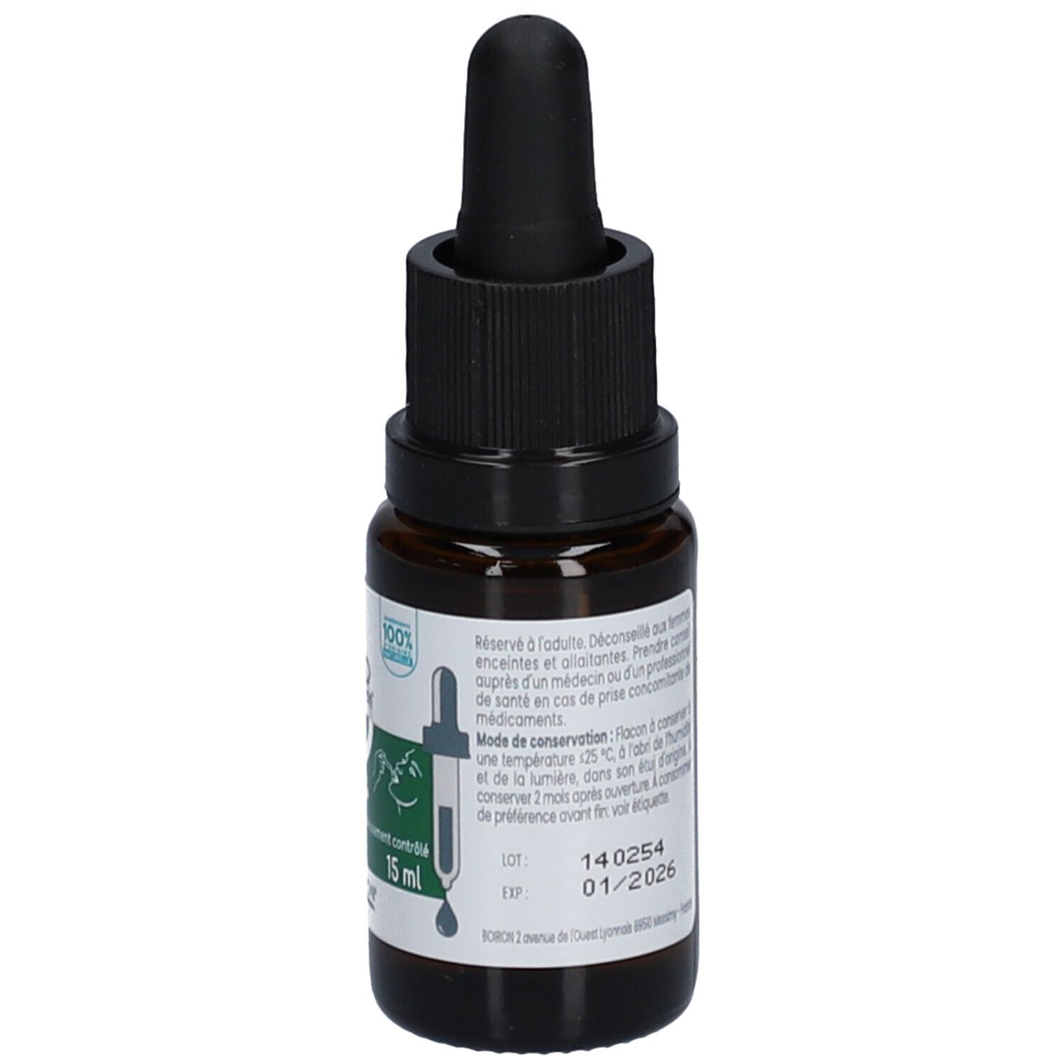 Flacon en verre brun avec bouchon noir. Étiquette avec texte et informations. CBD by Boiron, 20% Huile CBD 20%.