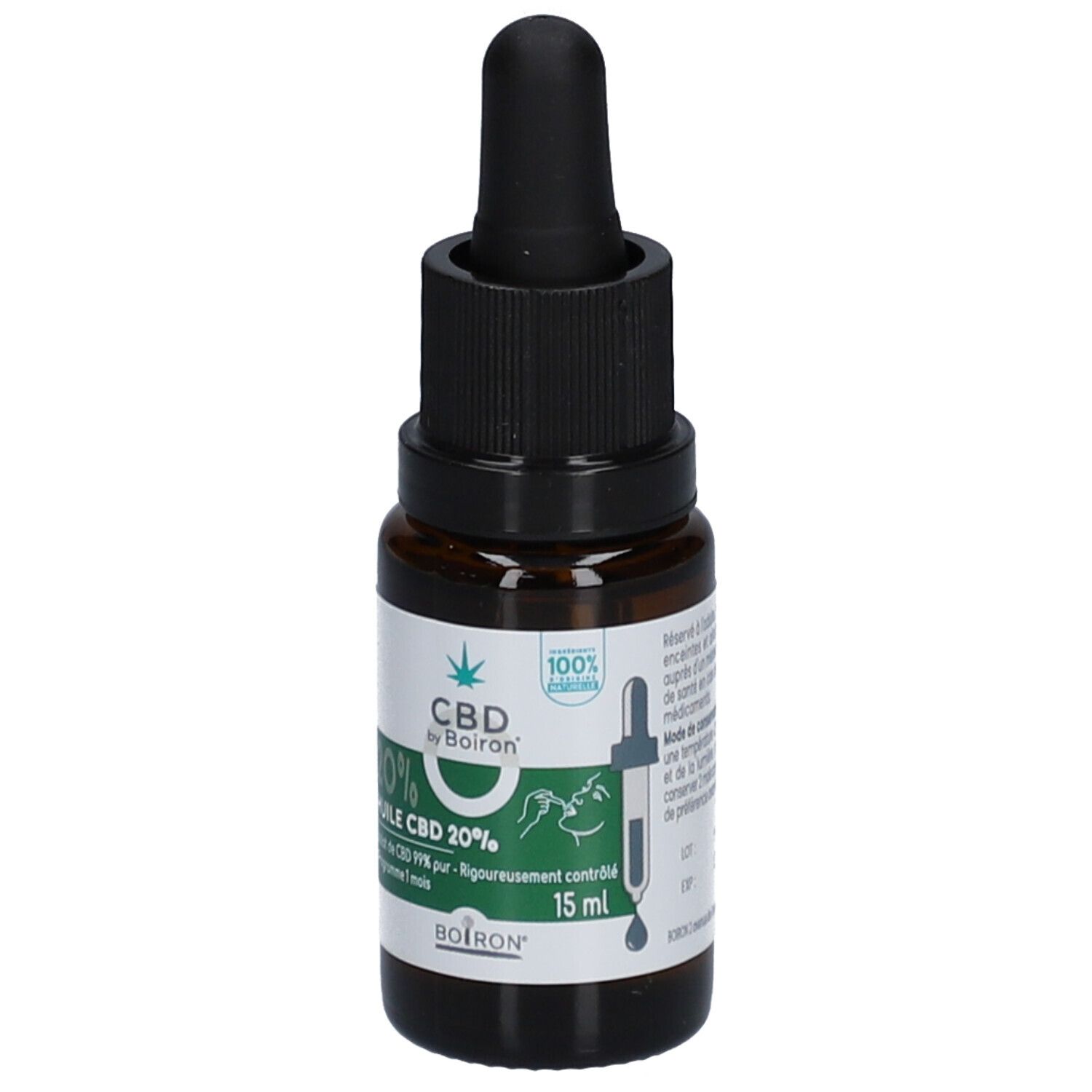 Flacon en verre brun avec bouchon noir et pipette. Étiquette avec texte: CBD by Boiron, 20% Huile CBD 20%.