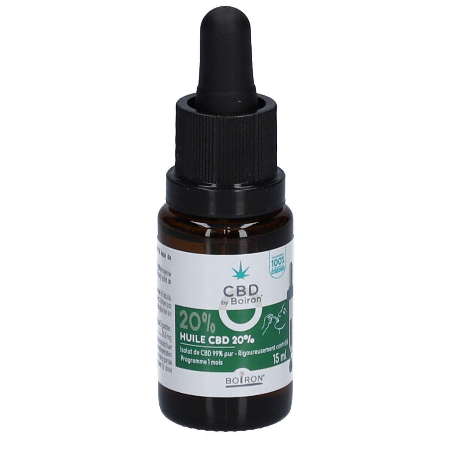 Flacon en verre brun avec bouchon noir. Étiquette avec texte: CBD by Boiron, 20% Huile CBD 20%.