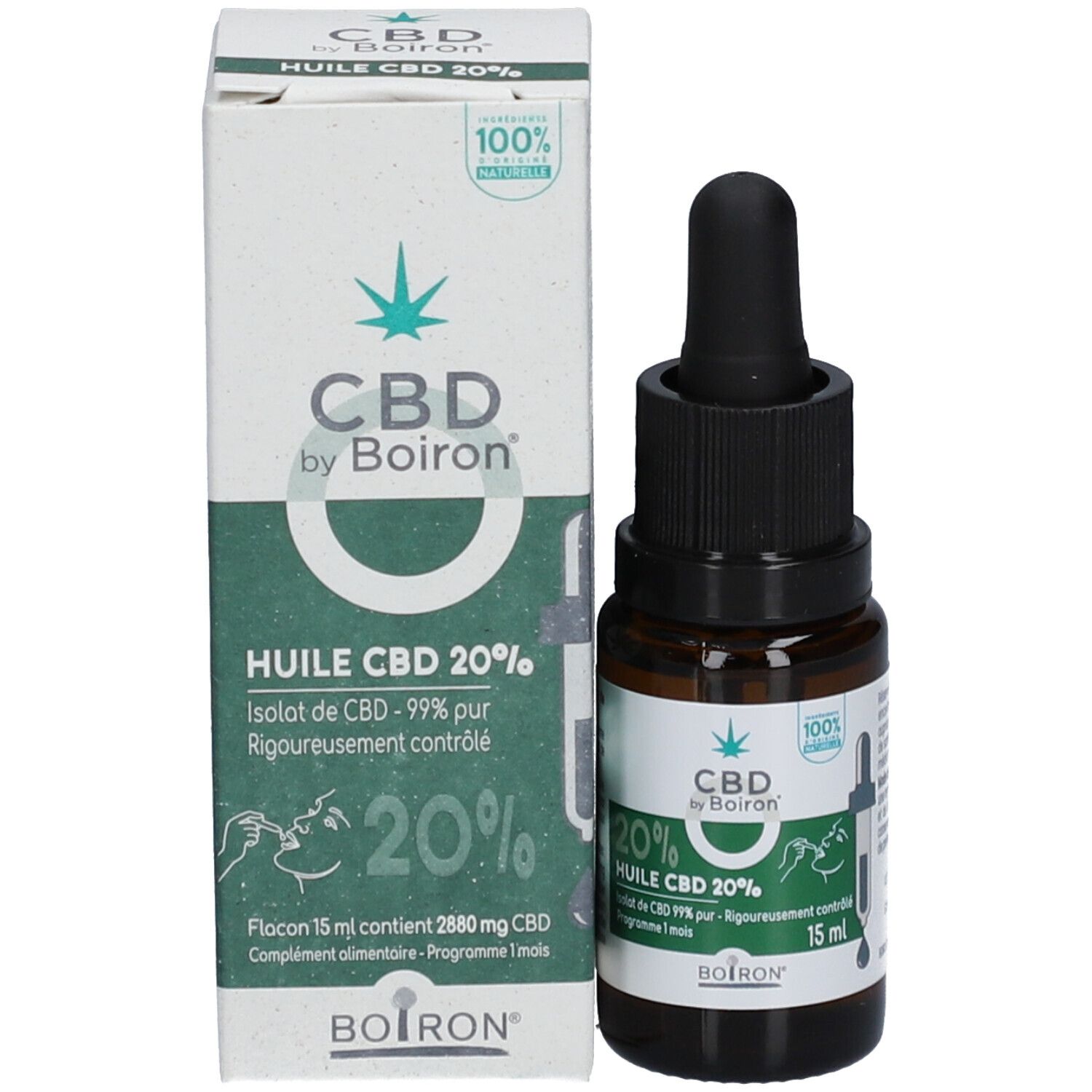 Emballage du produit avec flacon et boîte. Sur la boîte: CBD by Boiron, Huile CBD 20%.
