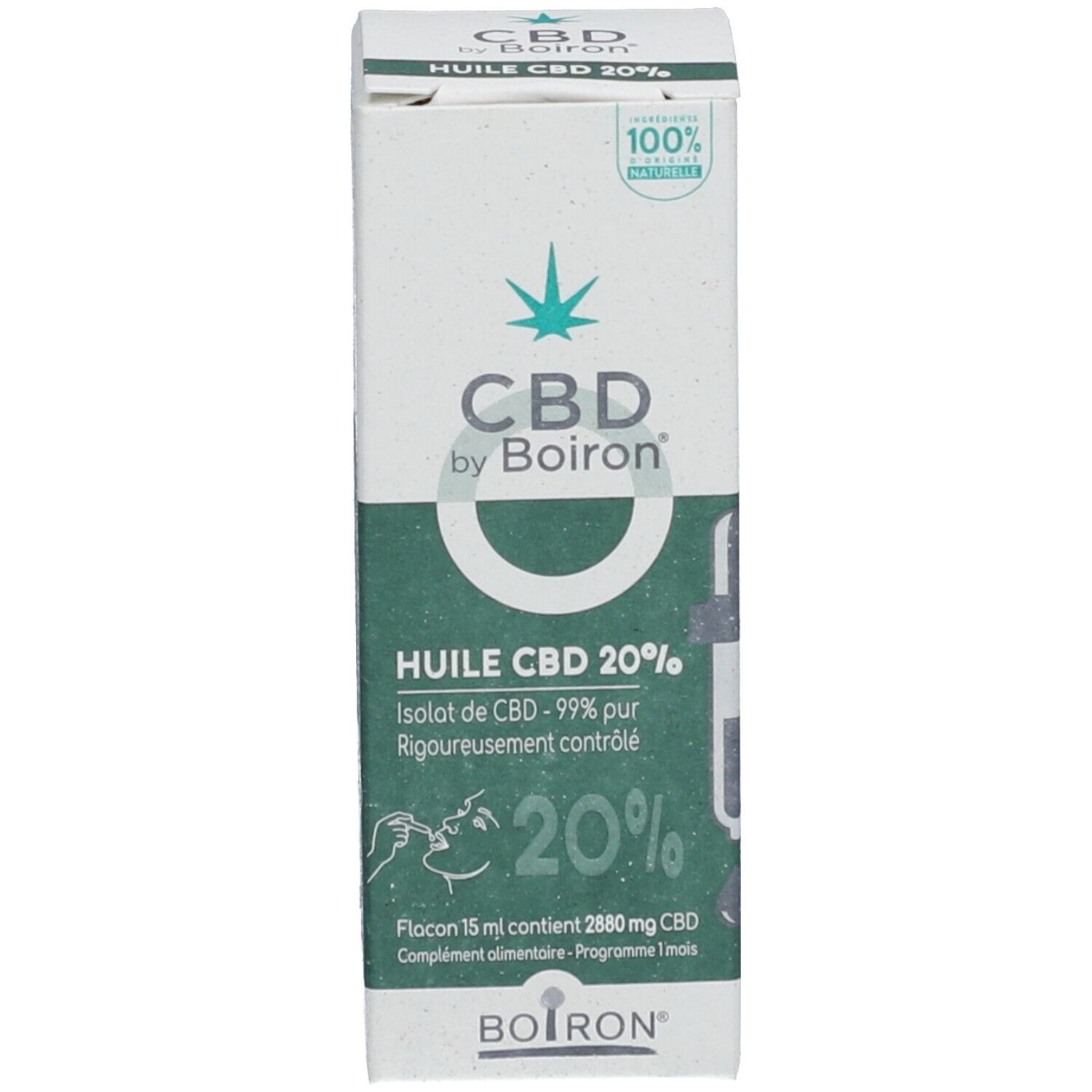 Emballage du produit avec boîte. Sur la boîte: CBD by Boiron, Huile CBD 20%.