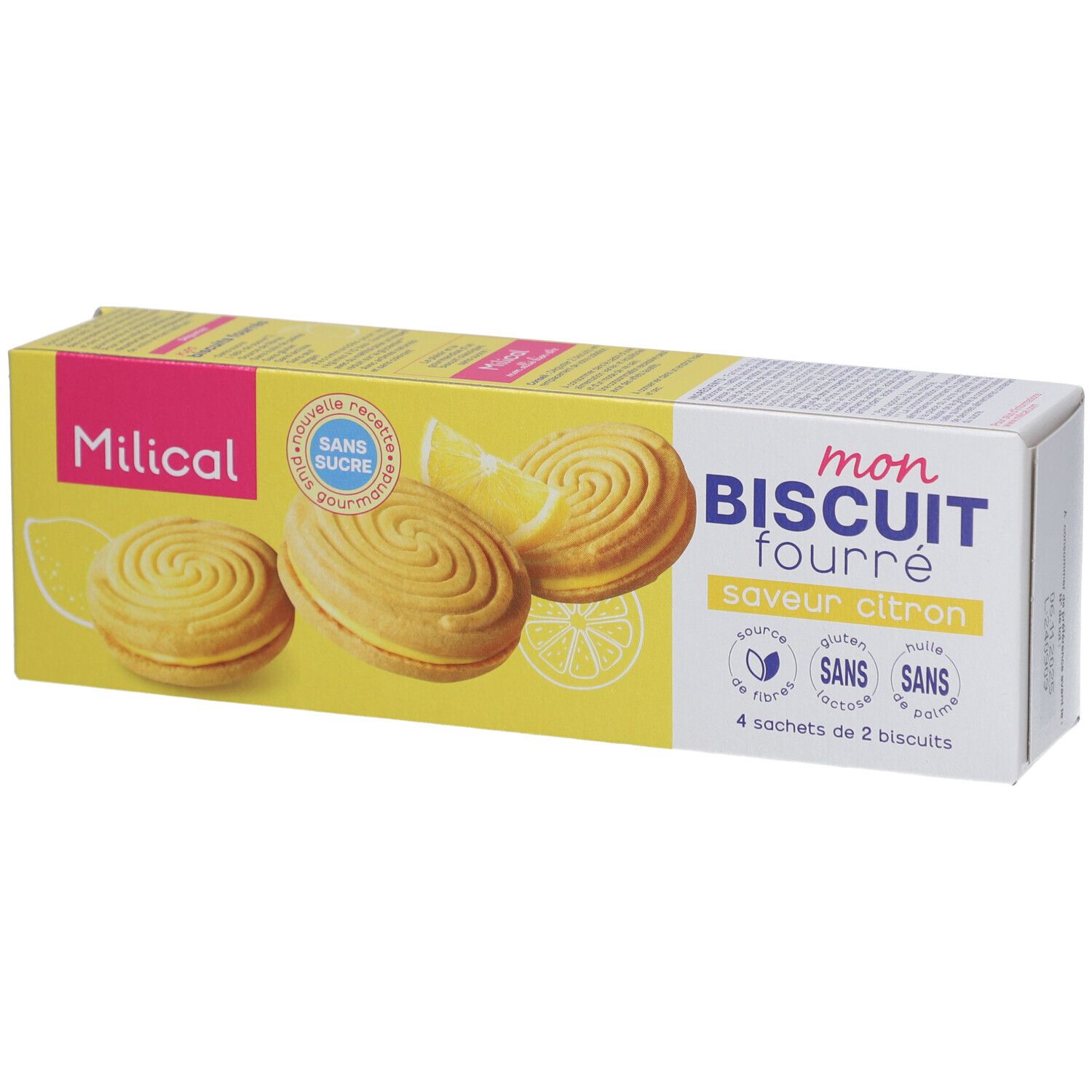 Boîte jaune "Milical" "mon BISCUIT fourré saveur citron". Biscuits et citrons illustrés. "Sans sucre". 4 sachets de 2 biscuits.