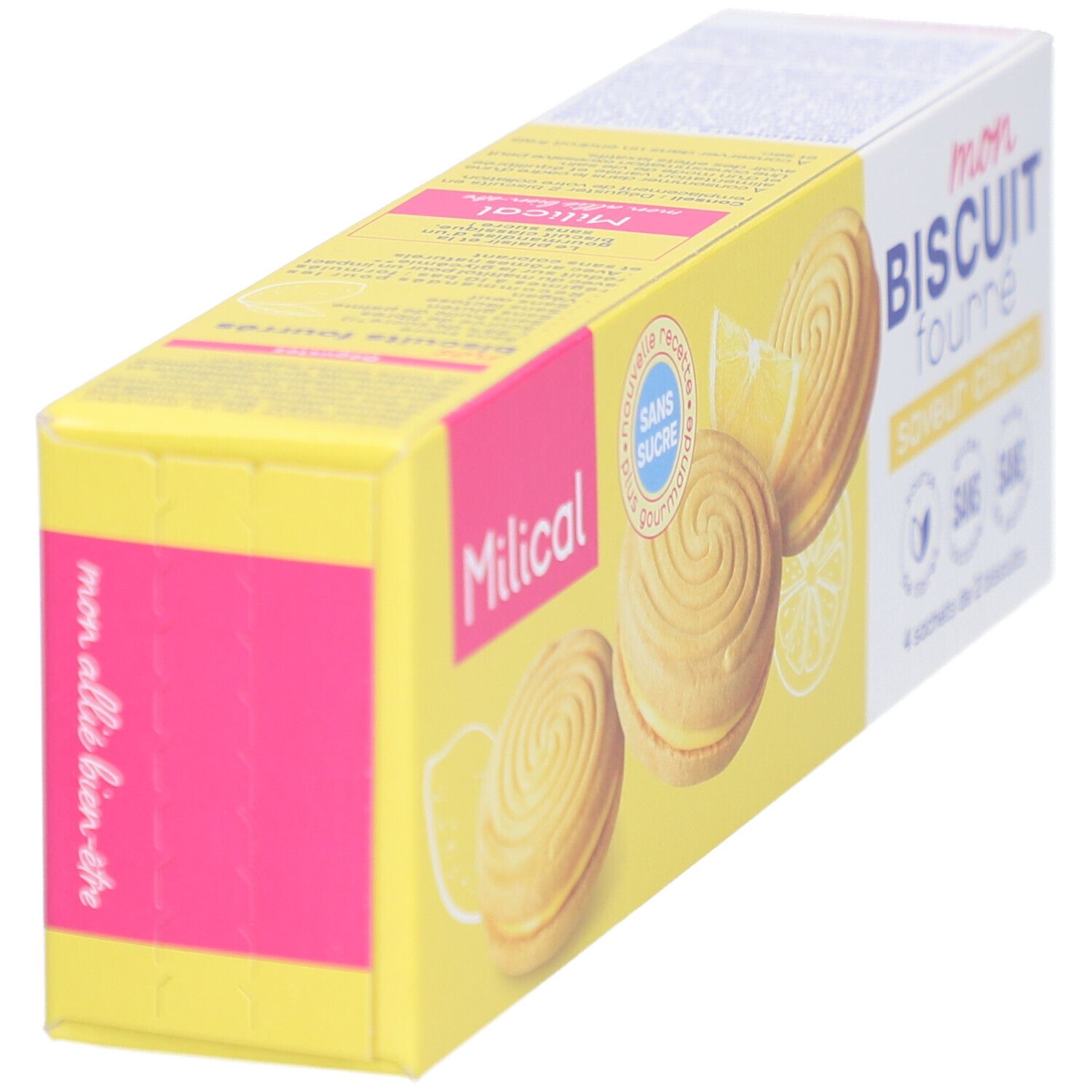 Boîte jaune inclinée "Milical" "mon BISCUIT fourré saveur citron". "Sans sucre". Illustration de biscuits et citron. 4 sachets.
