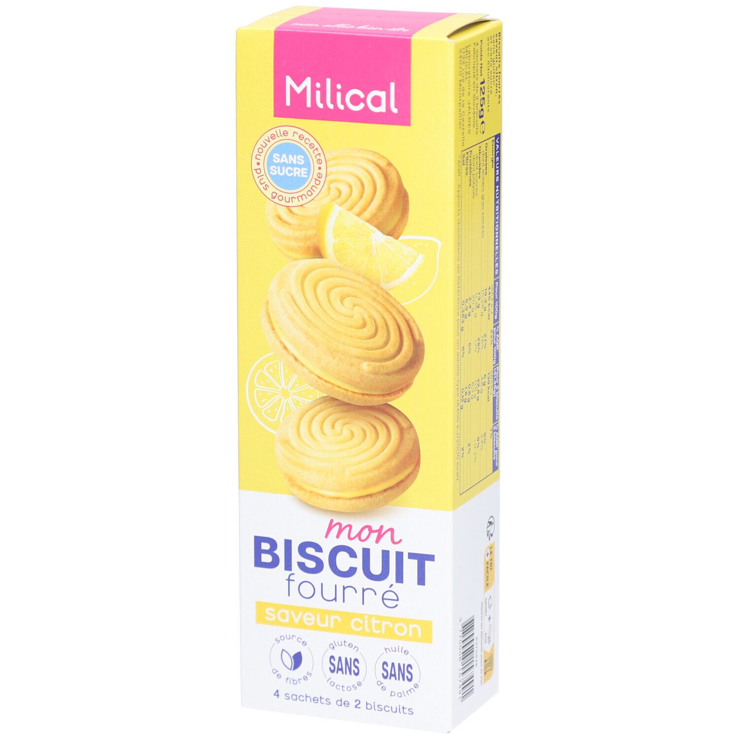 Boîte haute jaune "Milical" "mon BISCUIT fourré saveur citron". "Sans sucre". Biscuits et citron illustrés. 4 x 2 biscuits.