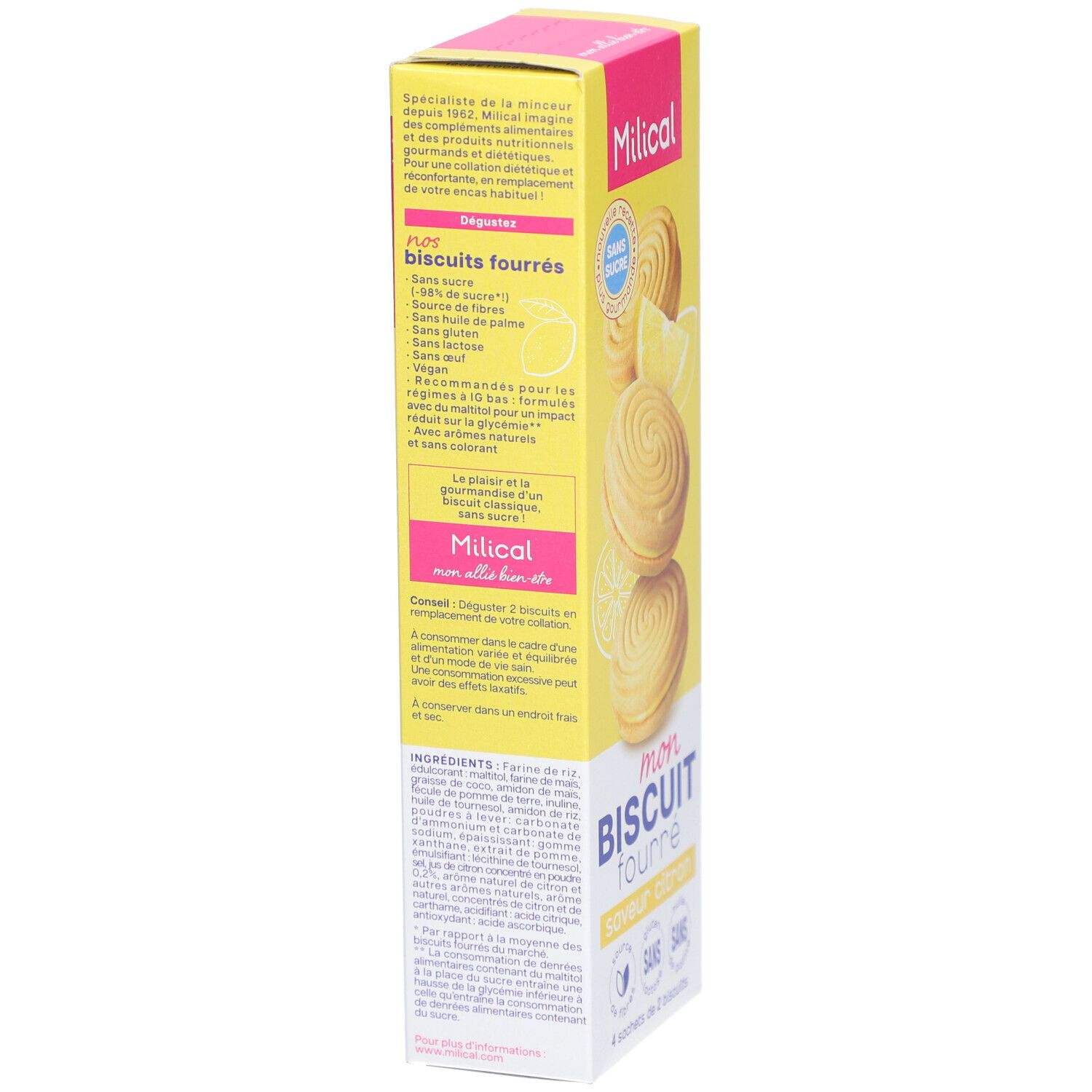 Boîte haute avec texte et illustrations. "Milical" et "mon BISCUIT fourré". Liste des ingrédients et informations nutritionnelles. "Sans sucre".