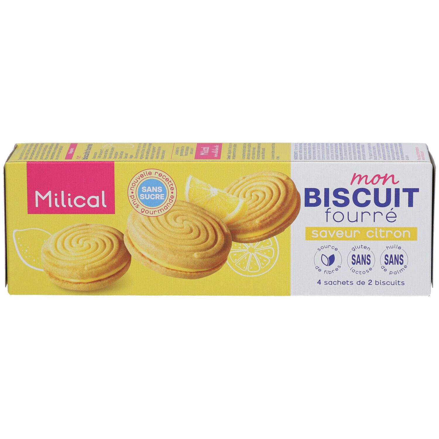 Boîte jaune "Milical" "mon BISCUIT fourré saveur citron". Biscuits et citron illustrés. "Sans sucre". 4 x 2 biscuits.