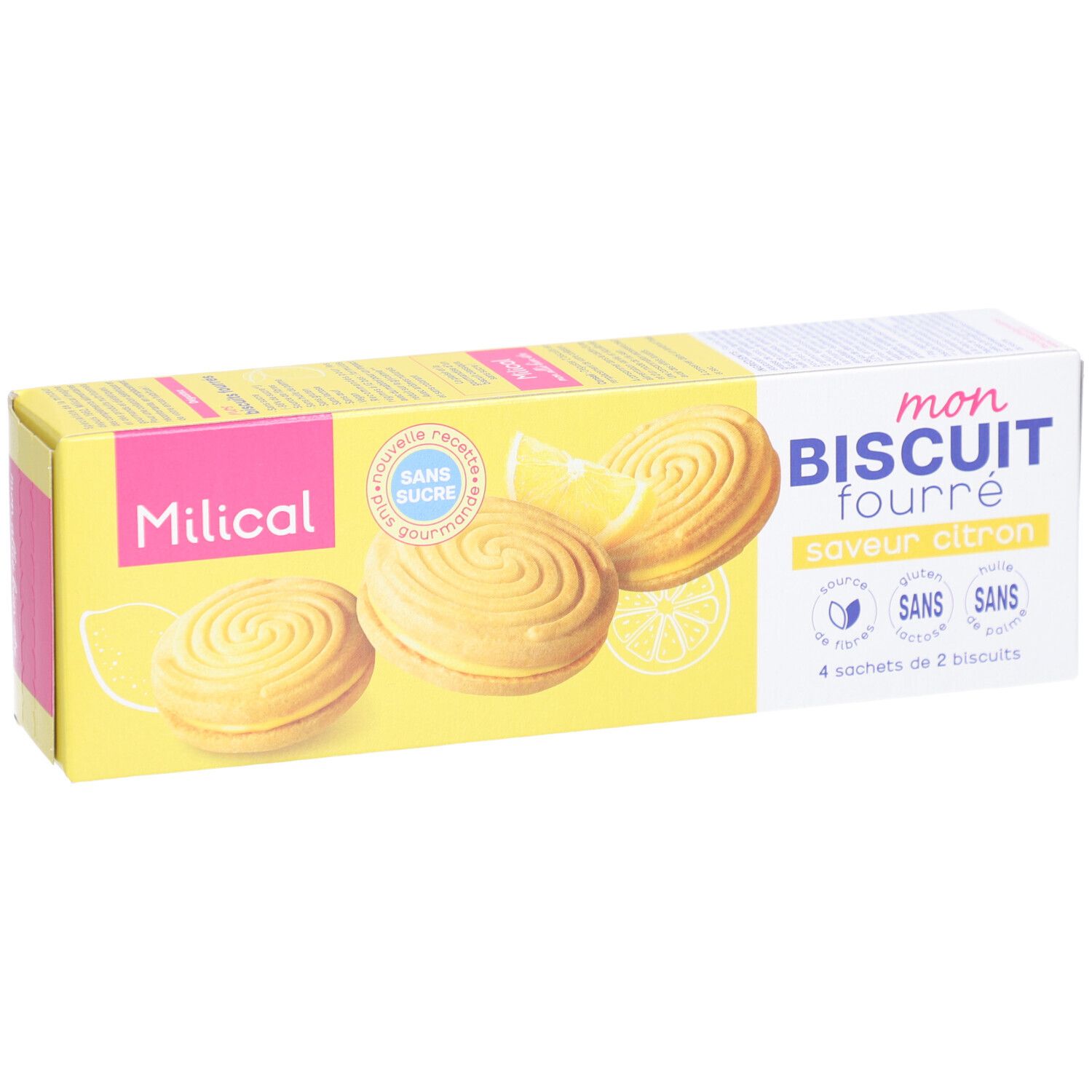 Boîte jaune "Milical" "mon BISCUIT fourré saveur citron". Biscuits et citron illustrés. "Sans sucre". 4 x 2 biscuits.