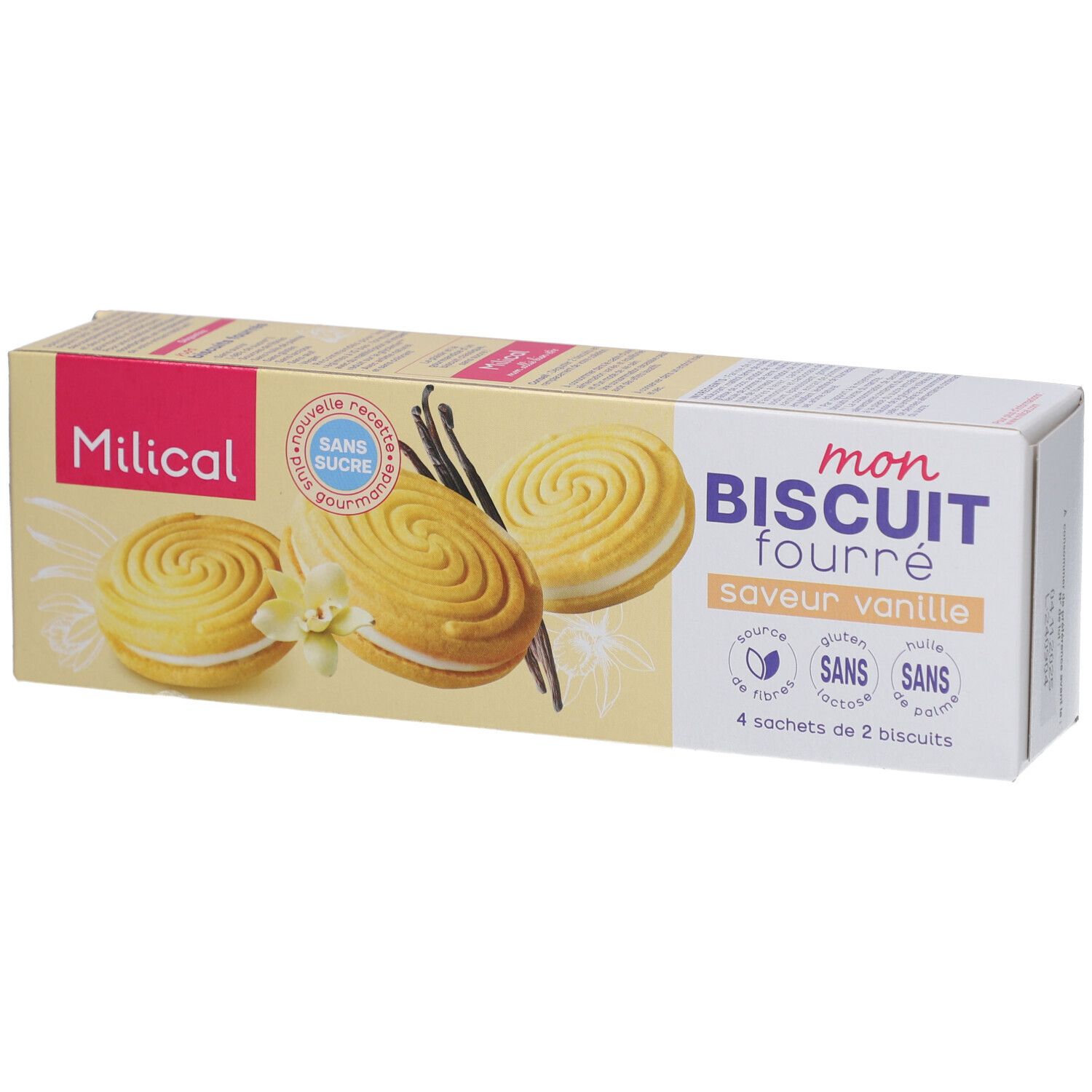 Boîte de biscuits. Inscriptions: Milical, Mon Biscuit Fourré, vanille. 4 sachets de 2 biscuits. Sans sucre, gluten, lactose, huile de palme.