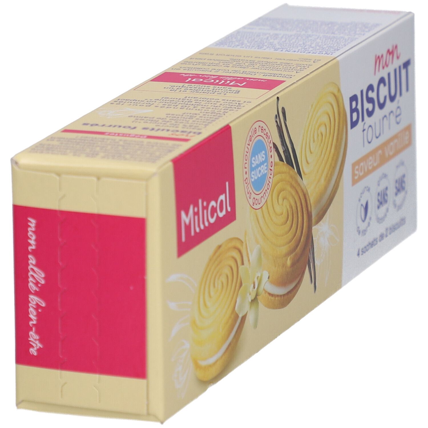 Vue oblique de la boîte de biscuits. Inscriptions: Milical, Mon Biscuit Fourré, vanille. Sans sucre, gluten, lactose, huile de palme. Couleurs rose et jaune.