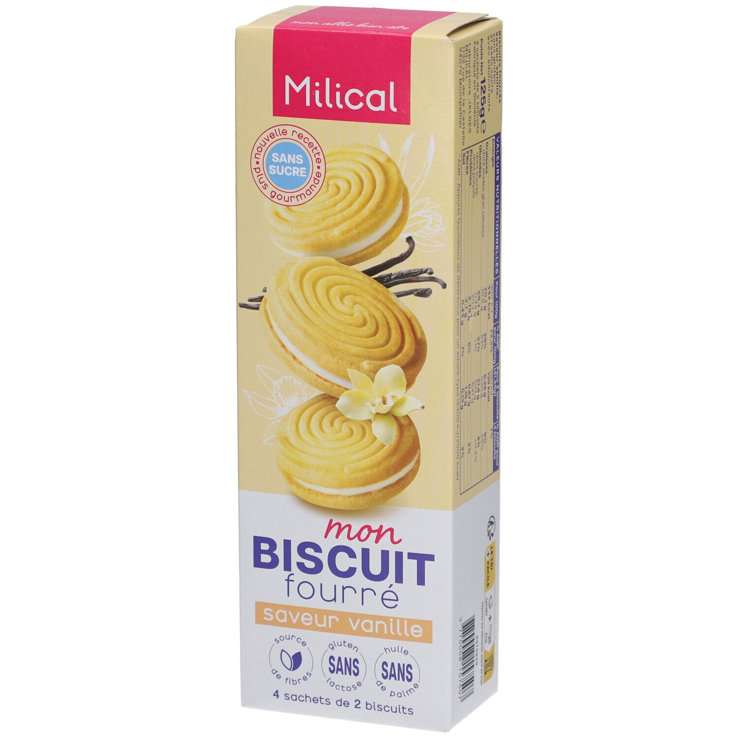 Boîte de biscuits haute. Inscriptions: Milical, Mon Biscuit Fourré, vanille. 4 sachets de 2 biscuits. Sans sucre, gluten, lactose, huile de palme. Jaune et rose.