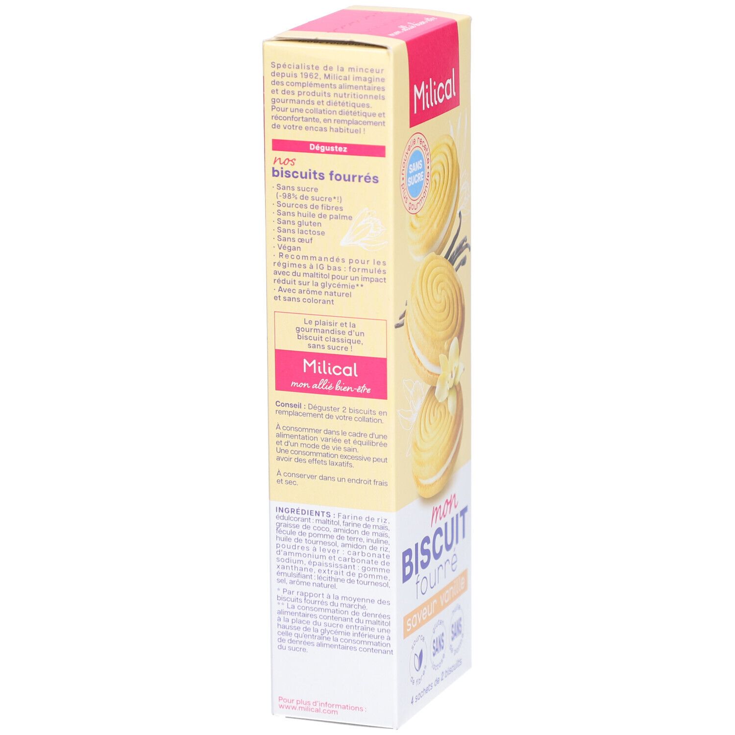 Boîte de biscuits, vue latérale. Inscriptions: Milical, Mon Biscuit Fourré, vanille. Liste des ingrédients, informations nutritionnelles. Jaune et rose.