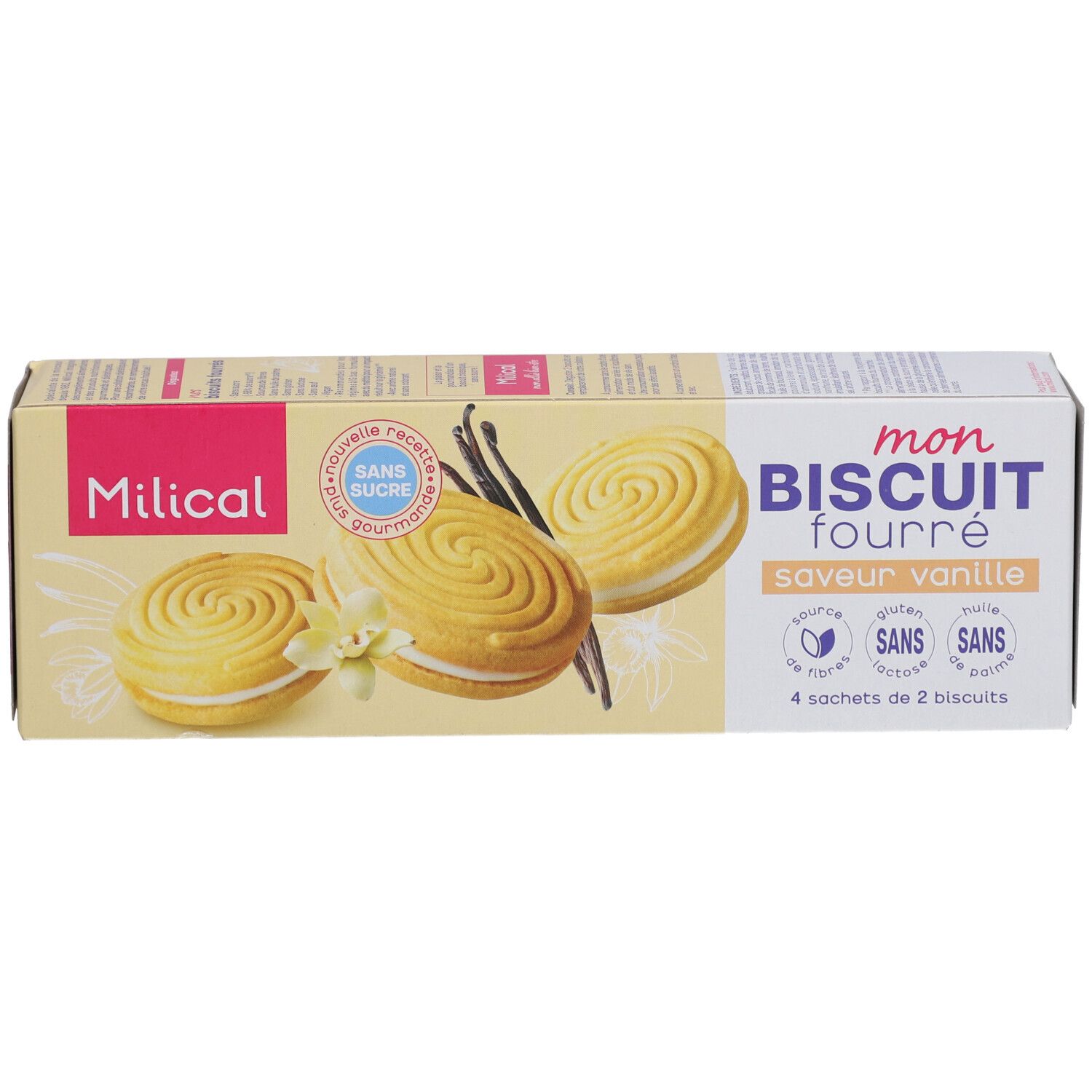 Boîte de biscuits. Inscriptions: Milical, Mon Biscuit Fourré, vanille. 4 sachets de 2 biscuits. Sans sucre, gluten, lactose, huile de palme. Jaune et rose.