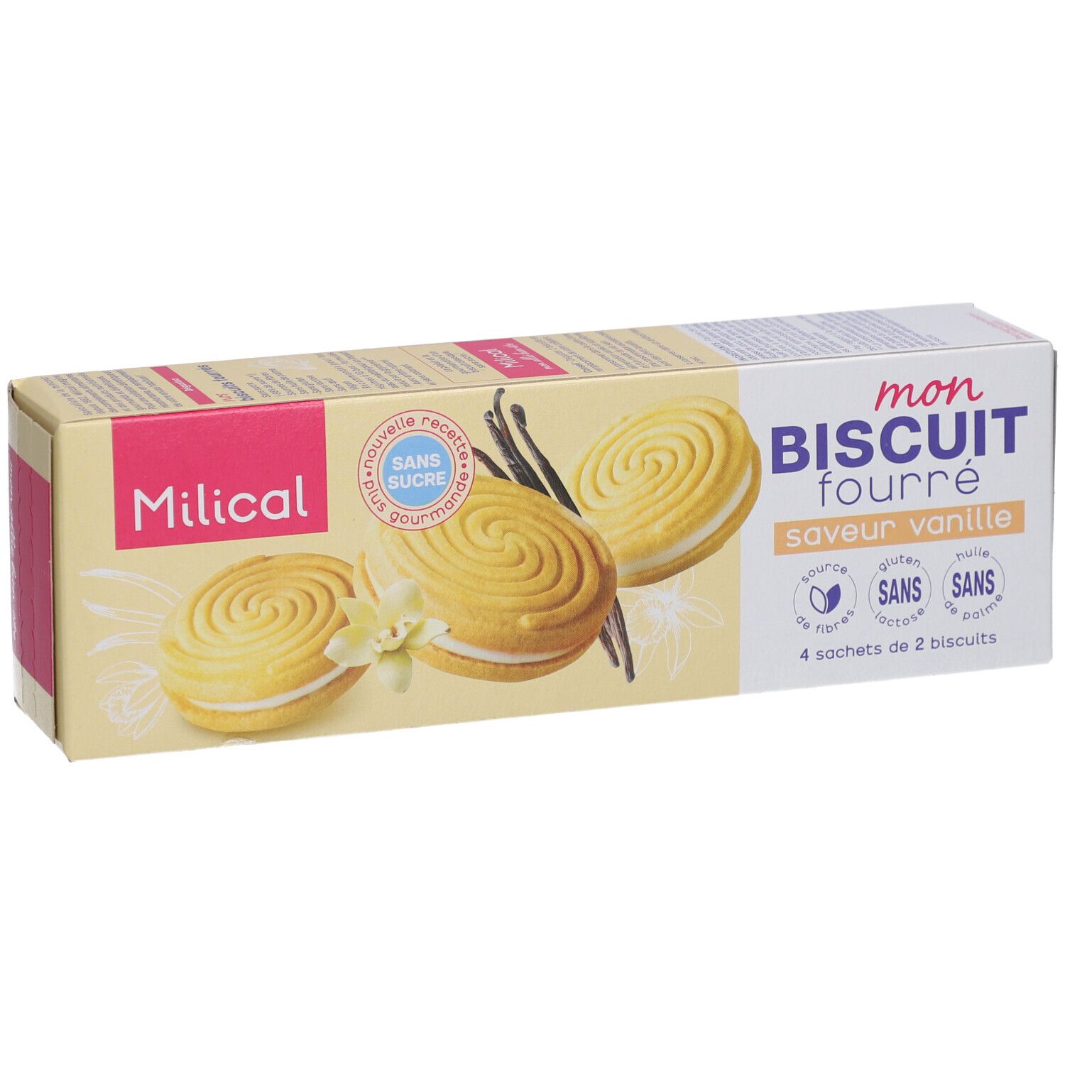 Boîte de biscuits. Inscriptions: Milical, Mon Biscuit Fourré, vanille. 4 sachets de 2 biscuits. Sans sucre, gluten, lactose, huile de palme. Jaune et rose.