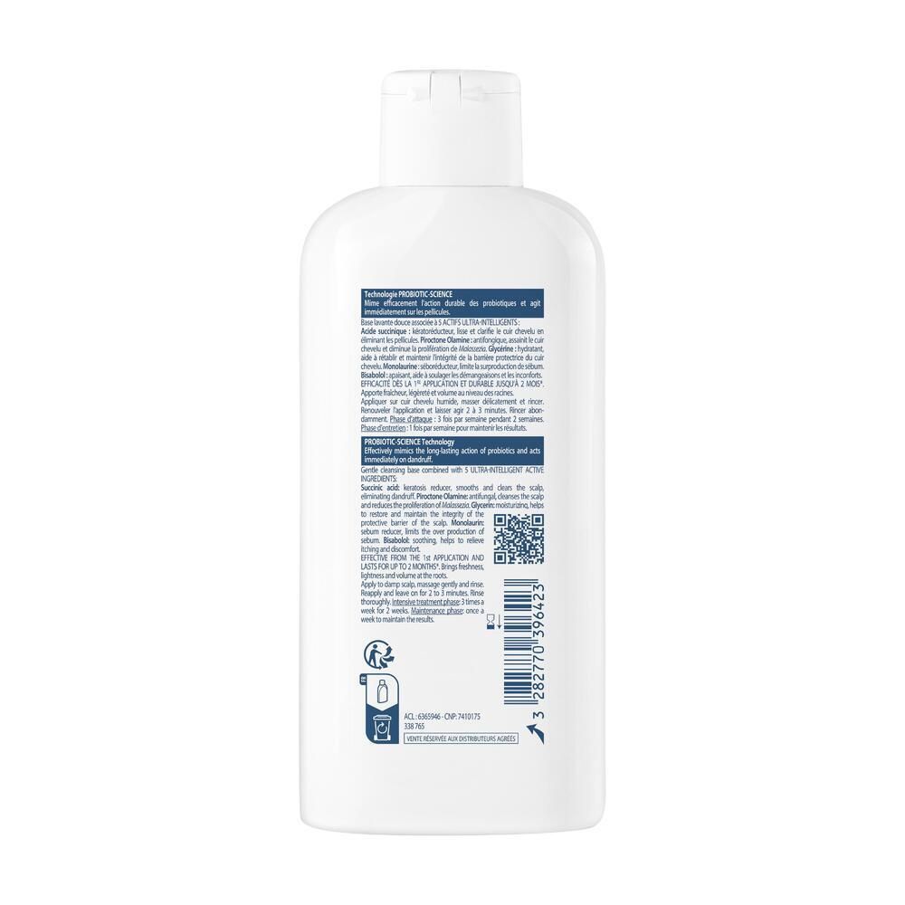 Dos du flacon blanc. Texte multilingue. Code QR et symboles de recyclage. Contient des informations sur le produit.