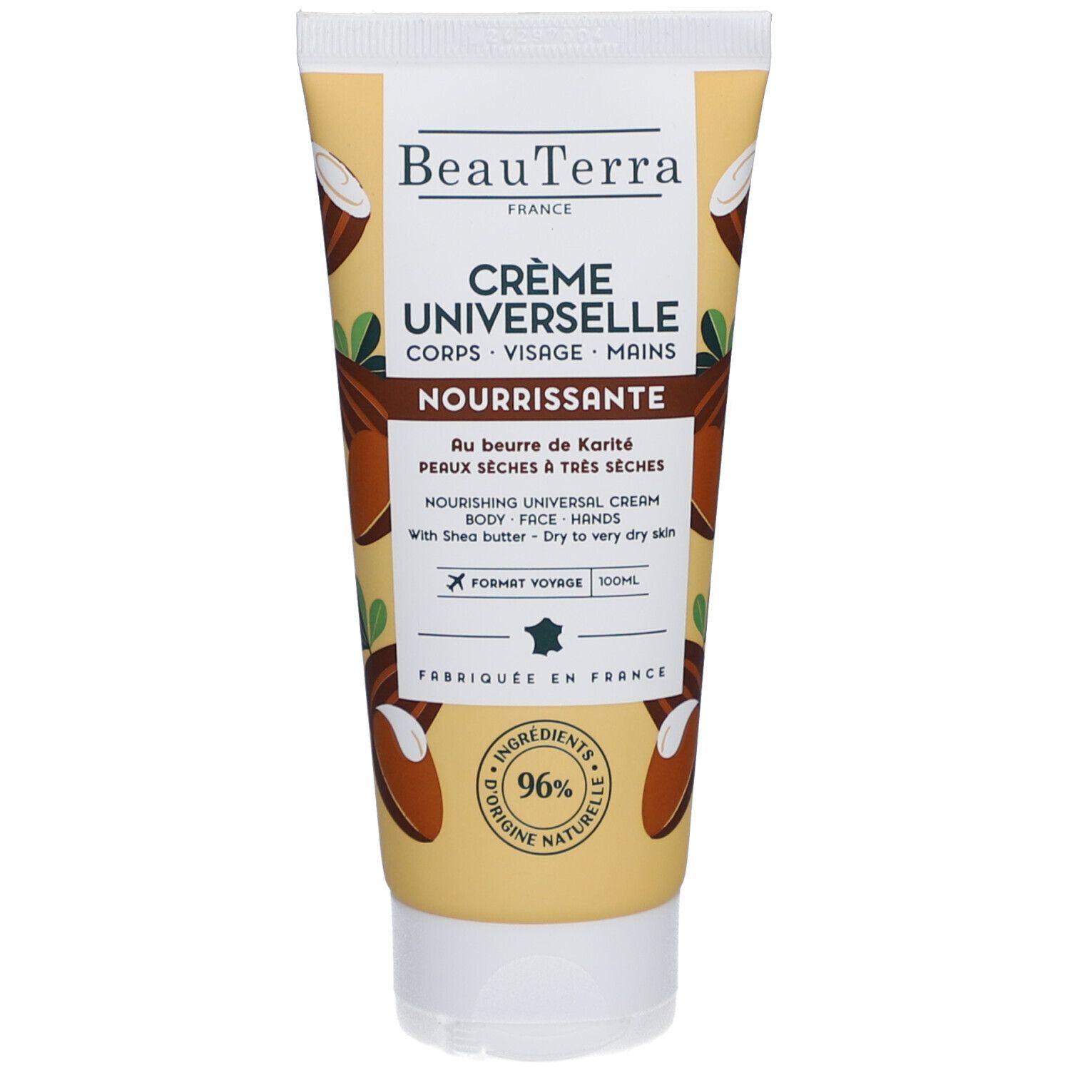Beige tube met productnaam en tekst. Afdrukken: merk, productnaam, ingrediënten, certificeringen. Met shea butter.