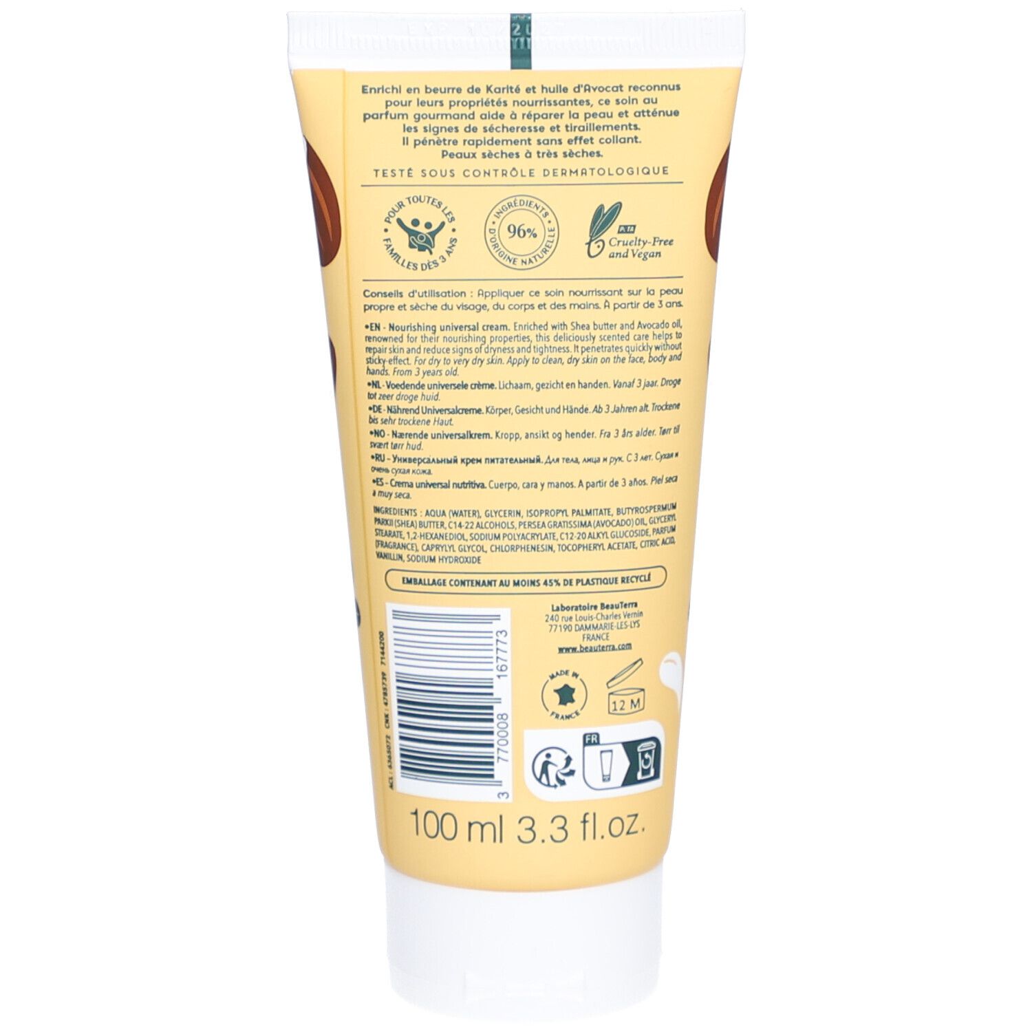 Achterkant van de tube. Tekst en informatie over ingrediënten, gebruik en certificeringen. 100 ml.