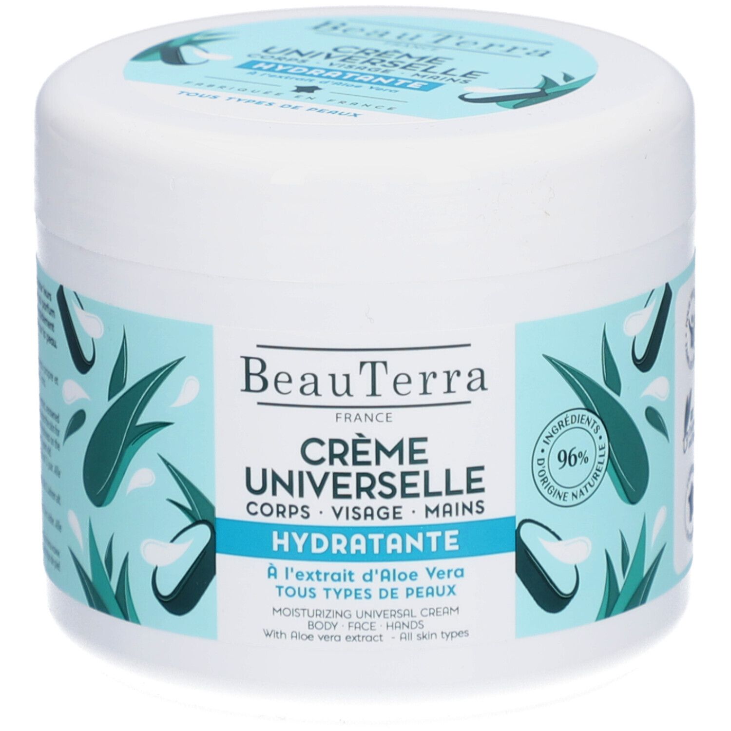 Witte pot met blauw etiket. Opschrift: BeauTerra Crème Universelle Hydratante. Met Aloe Vera. Voor alle huidtypen.