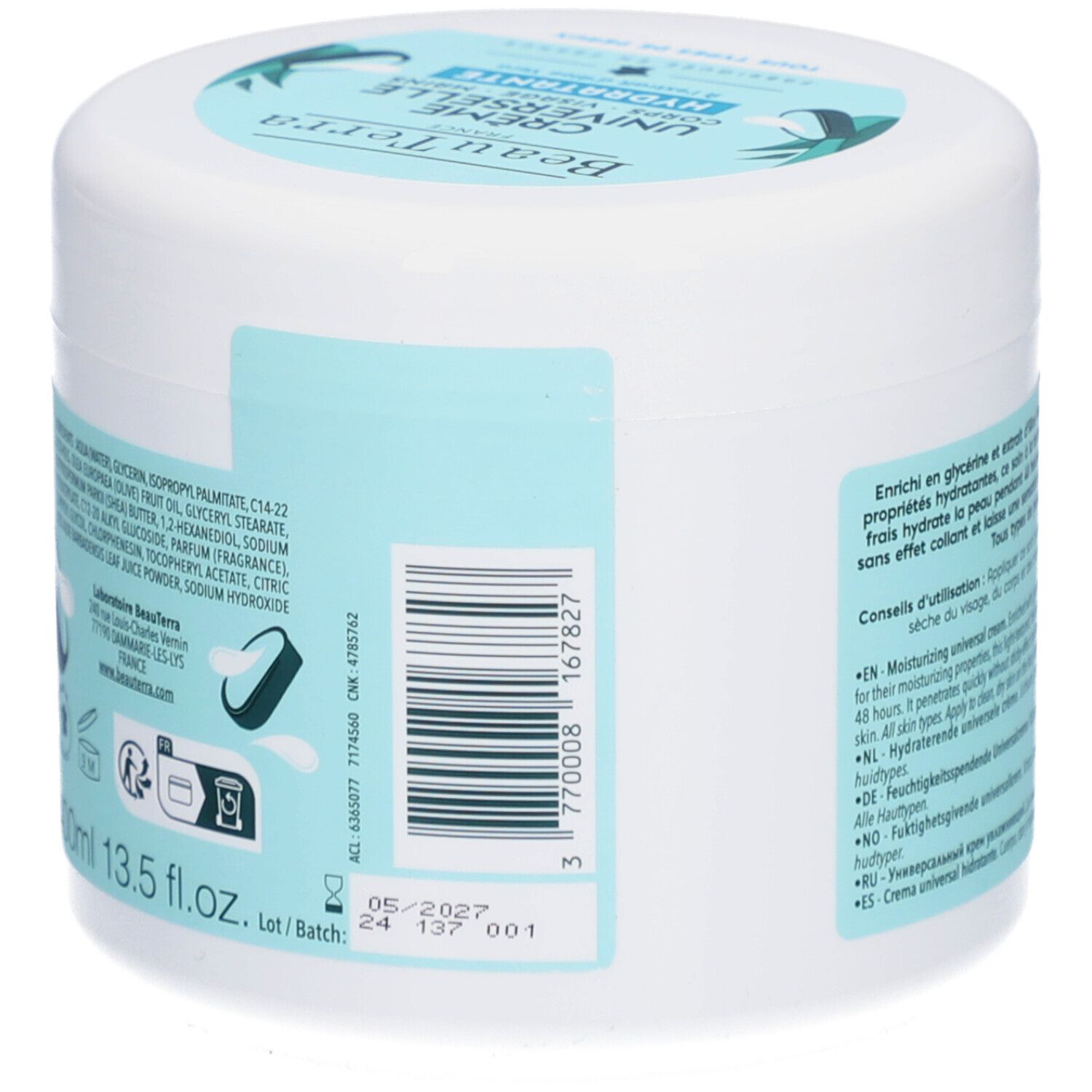 Achterkant van de witte pot. Barcode, lotnummer en ingrediënten. 13.5 fl.oz.
