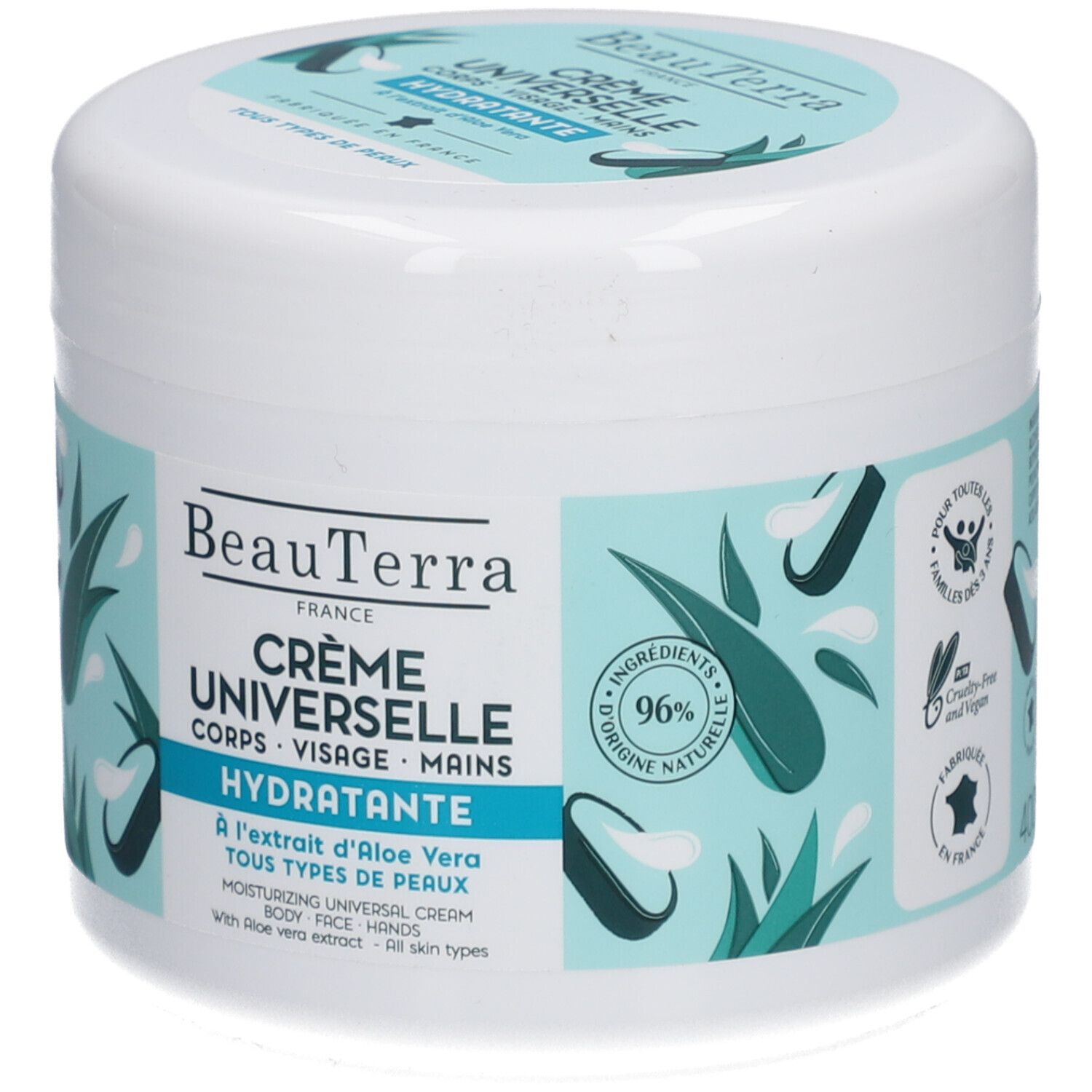 Witte pot met blauw etiket. Opschrift: BeauTerra Crème Universelle Hydratante. Met Aloe Vera. 96% natuurlijke ingrediënten.
