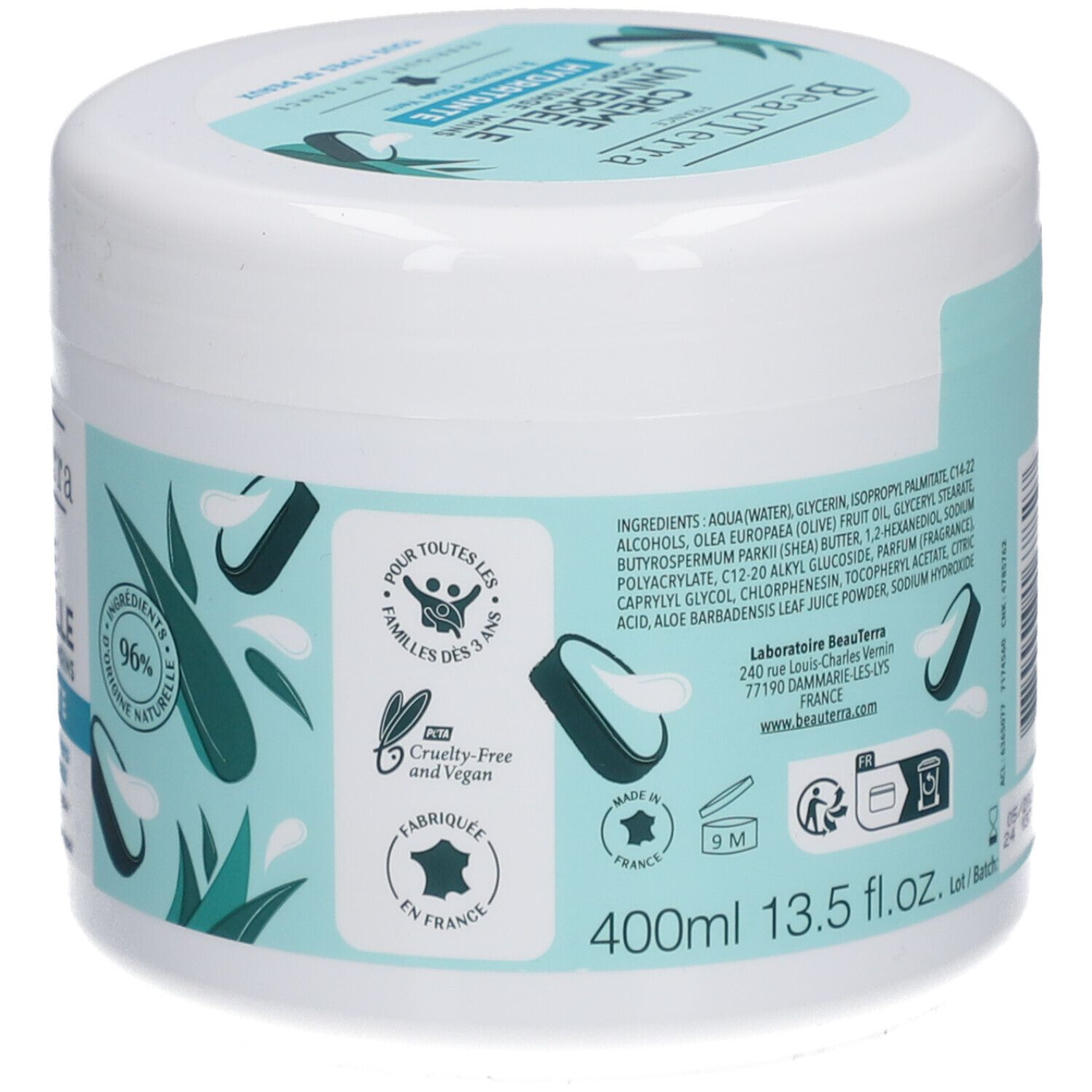 Achterkant van de witte pot. Ingrediënten, certificeringen, 400ml, 13.5 fl.oz. Gemaakt in Frankrijk.