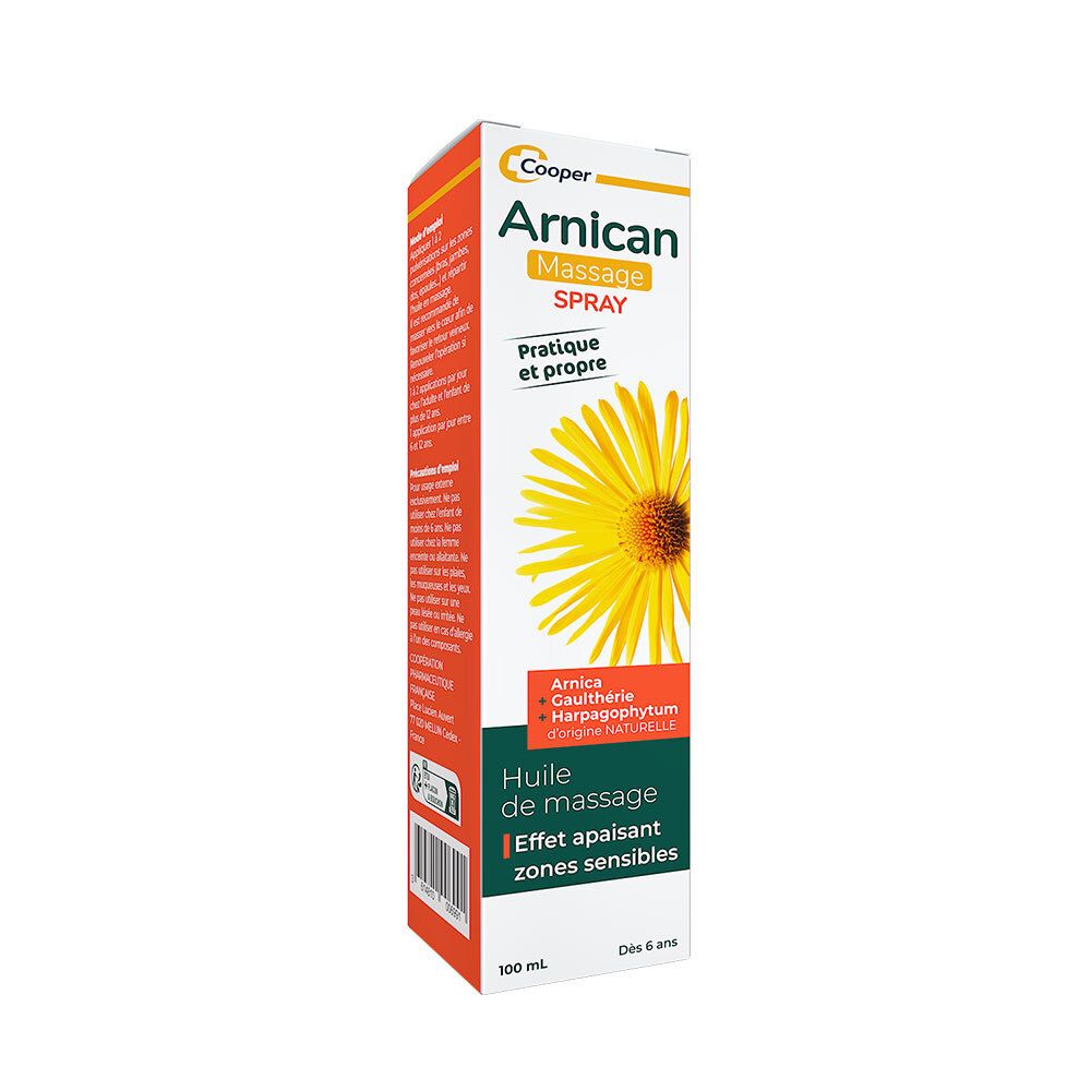 Arnicanspray-Verpackung. Weiß-orangefarbene Schachtel mit Produktinformationen und einer gelben Blume. Text: Massage Spray.