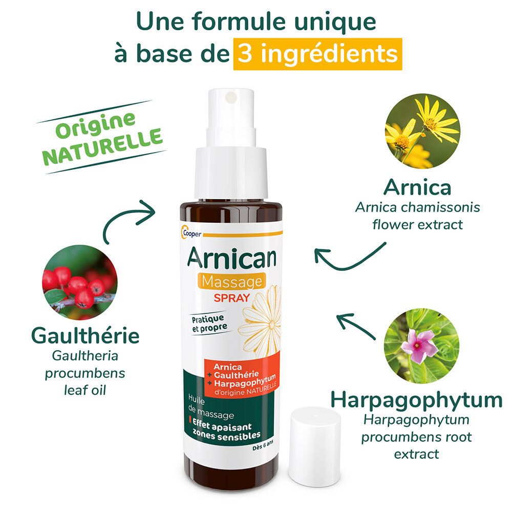 Arnicanspray-Flasche mit Zutaten-Illustrationen. Text: Natürlichen Ursprungs, 3 Zutaten, Arnika, Gaultheria, Harpagophytum.