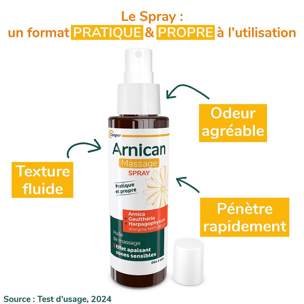 Arnicanspray-Flasche mit Pfeilen, die Eigenschaften hervorheben. Text: Praktisch & sauber, flüssige Textur, angenehmer Geruch.