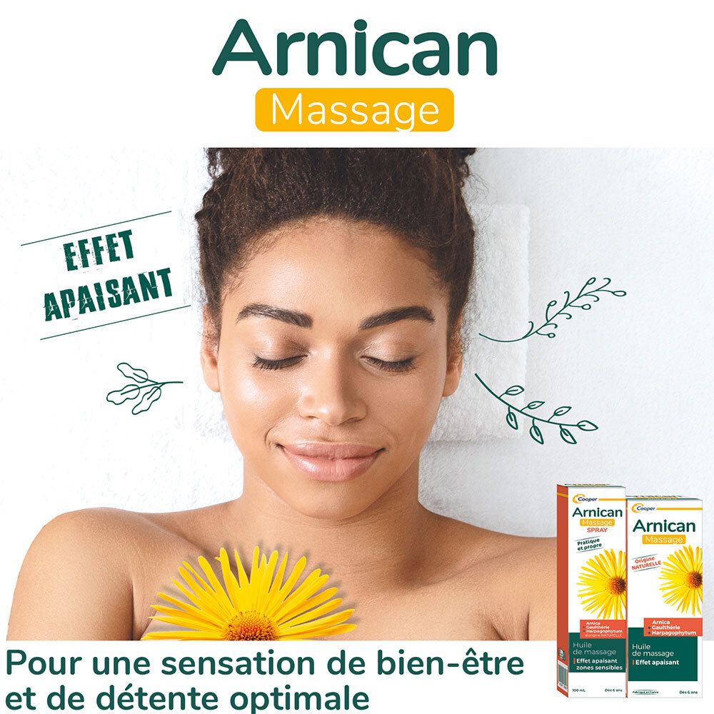 Frau mit entspanntem Gesicht, Arnicanspray und gelber Blume. Text: Für ein Gefühl von Wohlbefinden und optimaler Entspannung.
