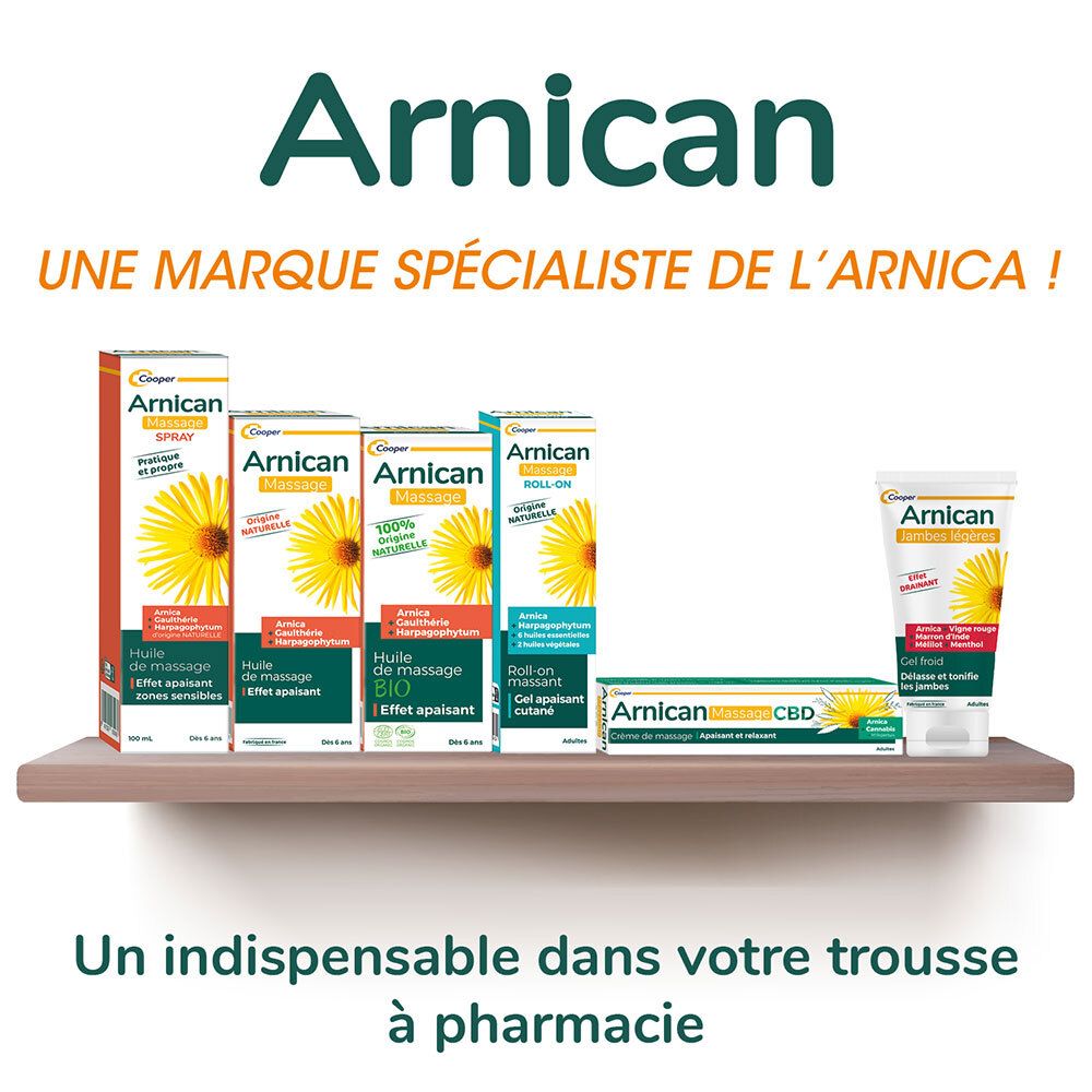 Regal mit verschiedenen Arnican-Produkten. Text: Eine Marke, die sich auf Arnika spezialisiert hat! Unverzichtbar in Ihrer Apotheken-Tasche.