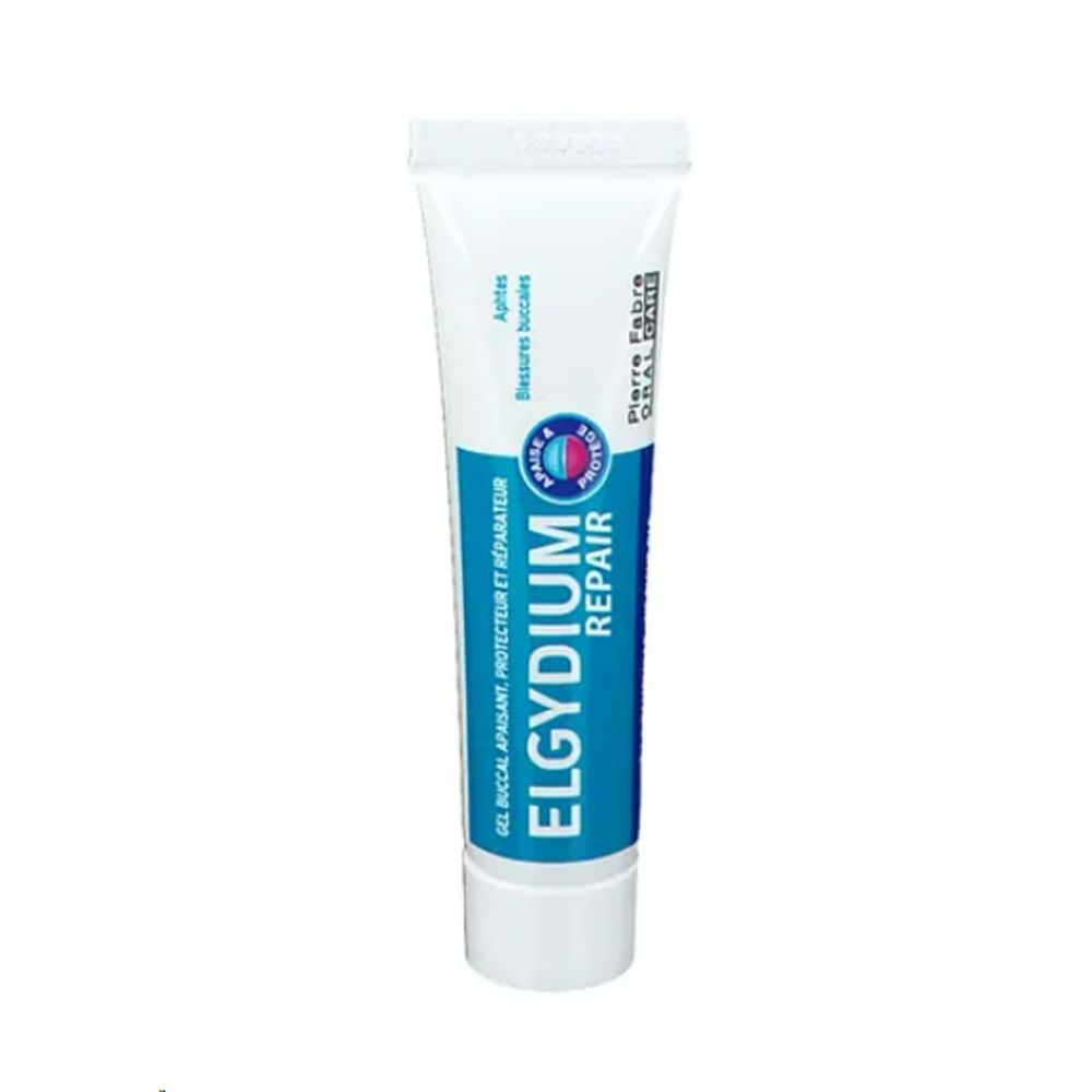 Tube de gel Elgydium Repair. Blanc, bleu et turquoise. Contient du texte et un logo.