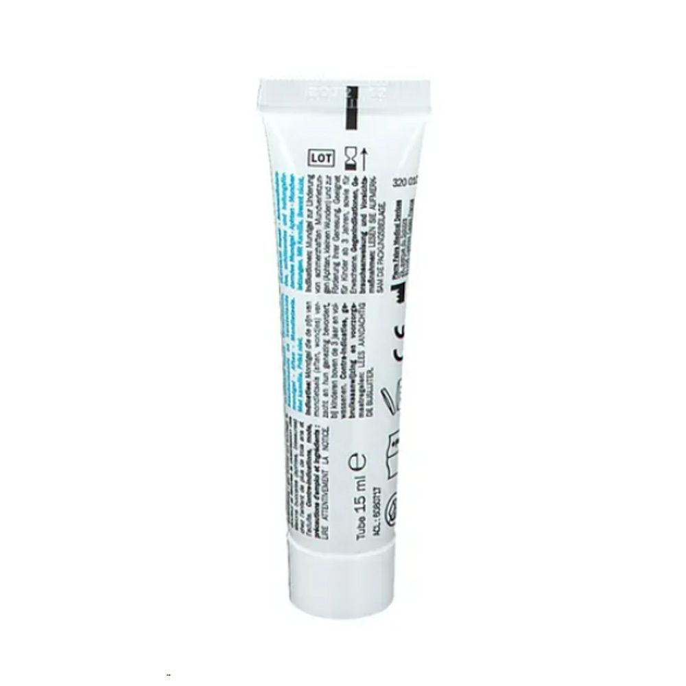 Dos du tube de gel Elgydium Repair. Contient du texte, des logos et des informations.