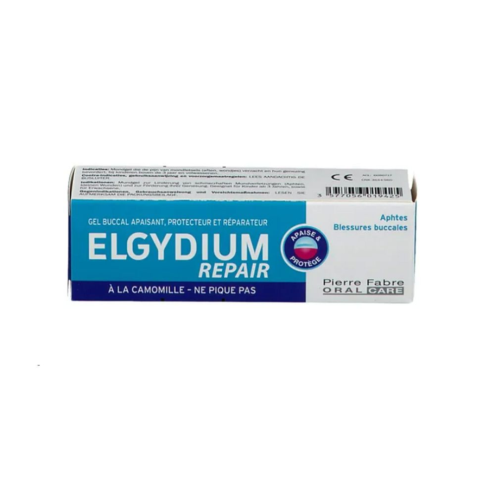 Emballage Elgydium Repair. Blanc, bleu et turquoise. Contient du texte et un logo.
