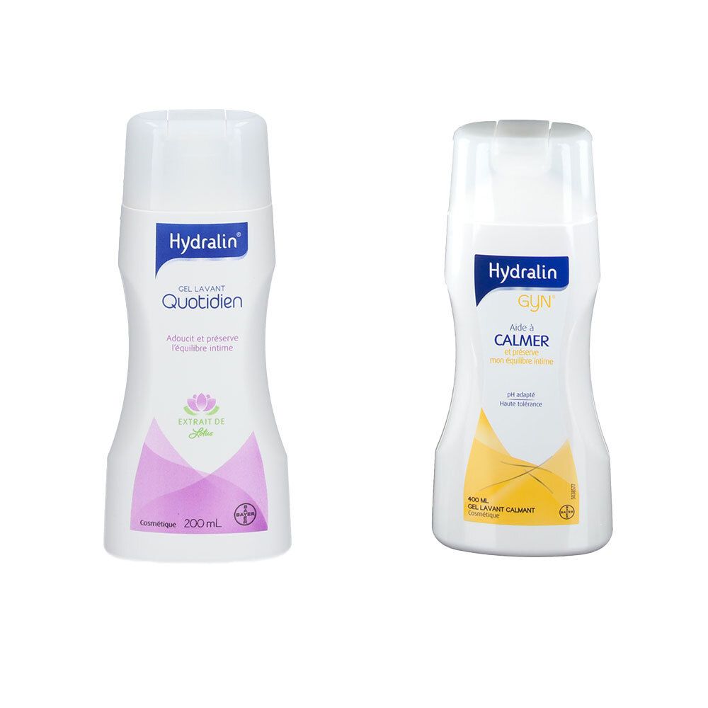 Deux flacons HYDRALIN®. À gauche : Gel lavant Quotidien. À droite : Gyn, Gel lavant calmer. Bouchons blancs, étiquettes bleues.