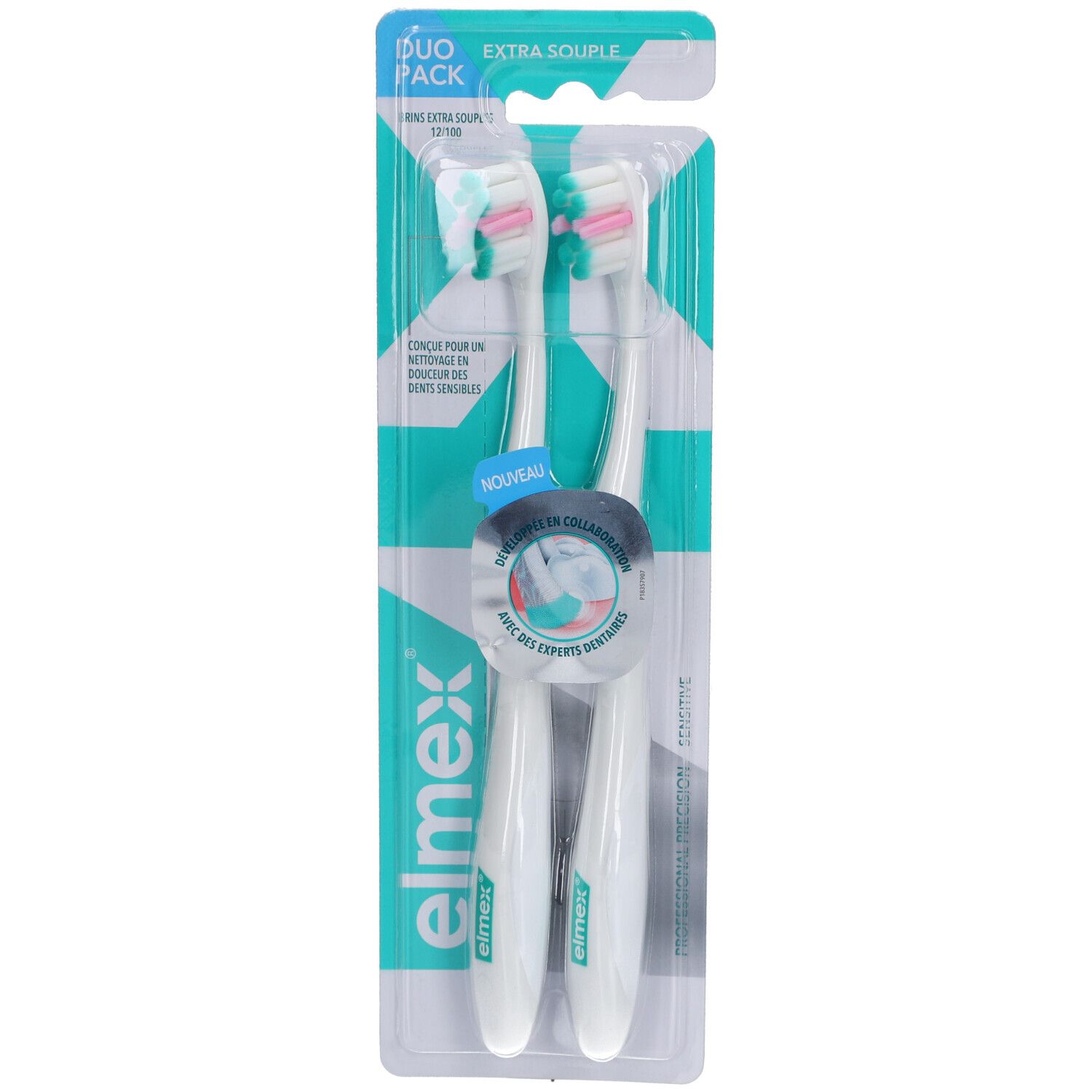Pack duo de deux brosses à dents blanches. Logo Elmex et nom du produit sur l'emballage. Extra souple.