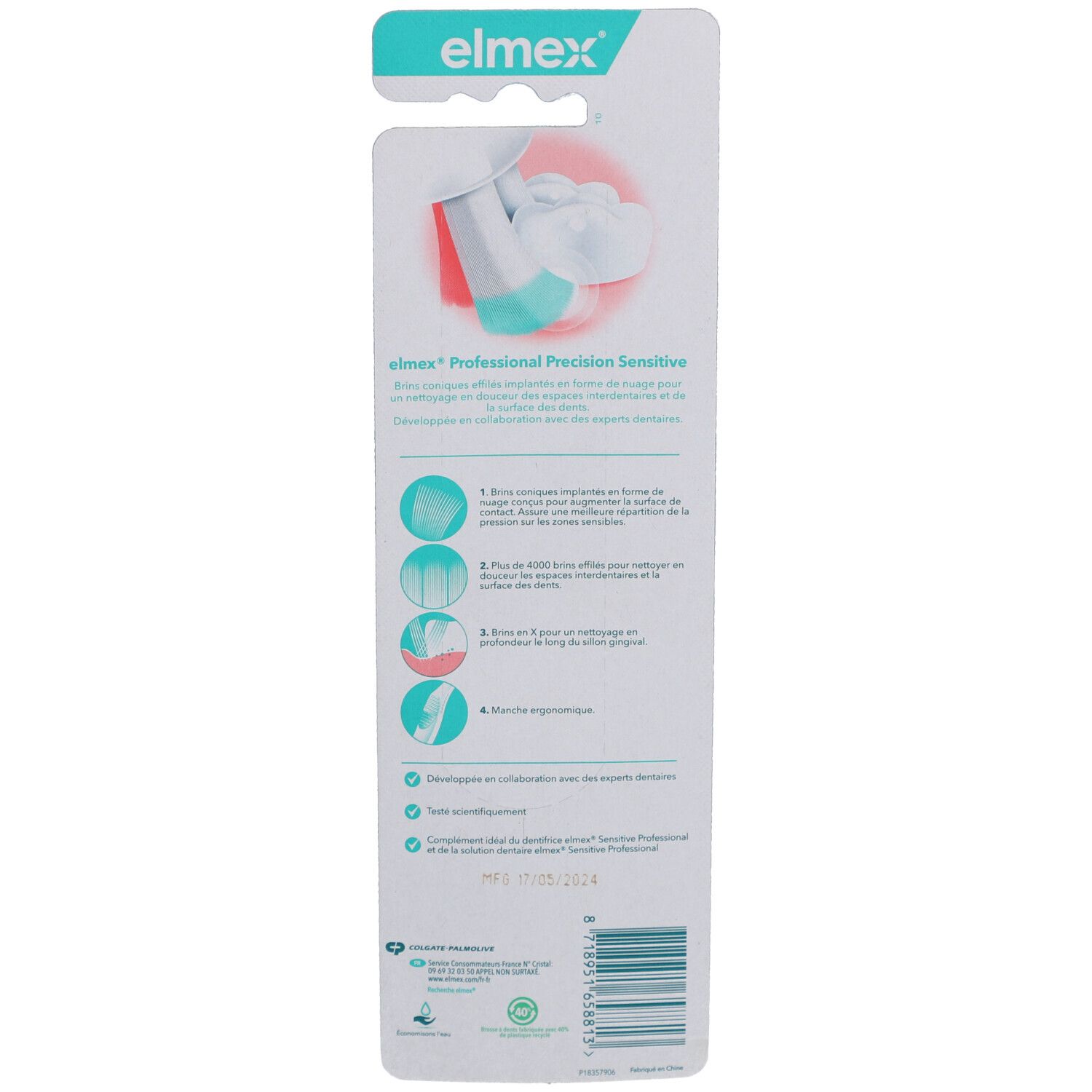 Dos de l'emballage avec informations sur le produit. Elmex Professional Precision Sensitive. Illustrations et texte.
