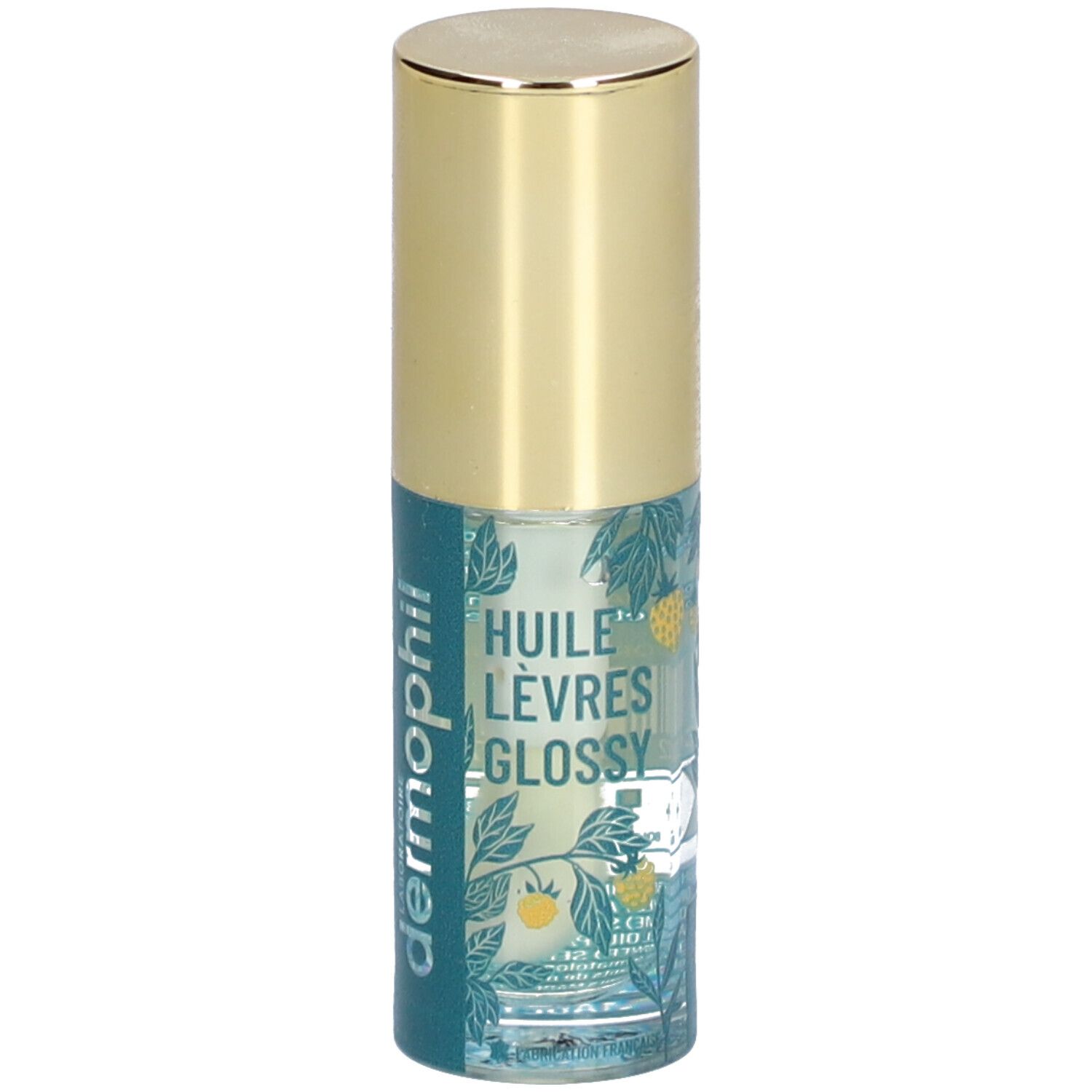 Dermophil Indien Lippenöl Glossy. Zylindrische Flasche mit goldenem Deckel. Türkis-grünes Etikett mit floralem Muster.