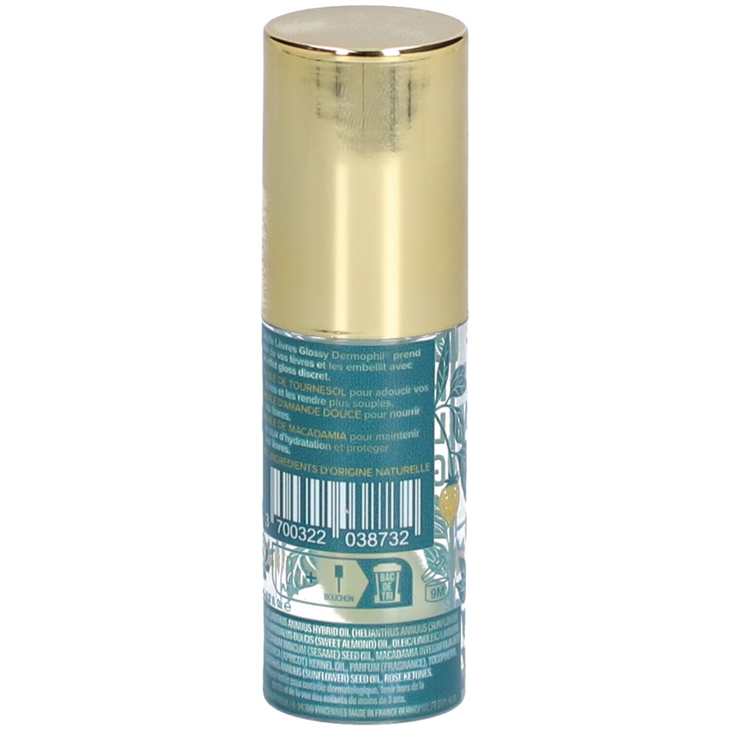 Rückseite der Dermophil Indien Lippenöl Glossy Flasche. Türkis-grünes Etikett mit Text und Barcode. Goldener Deckel.